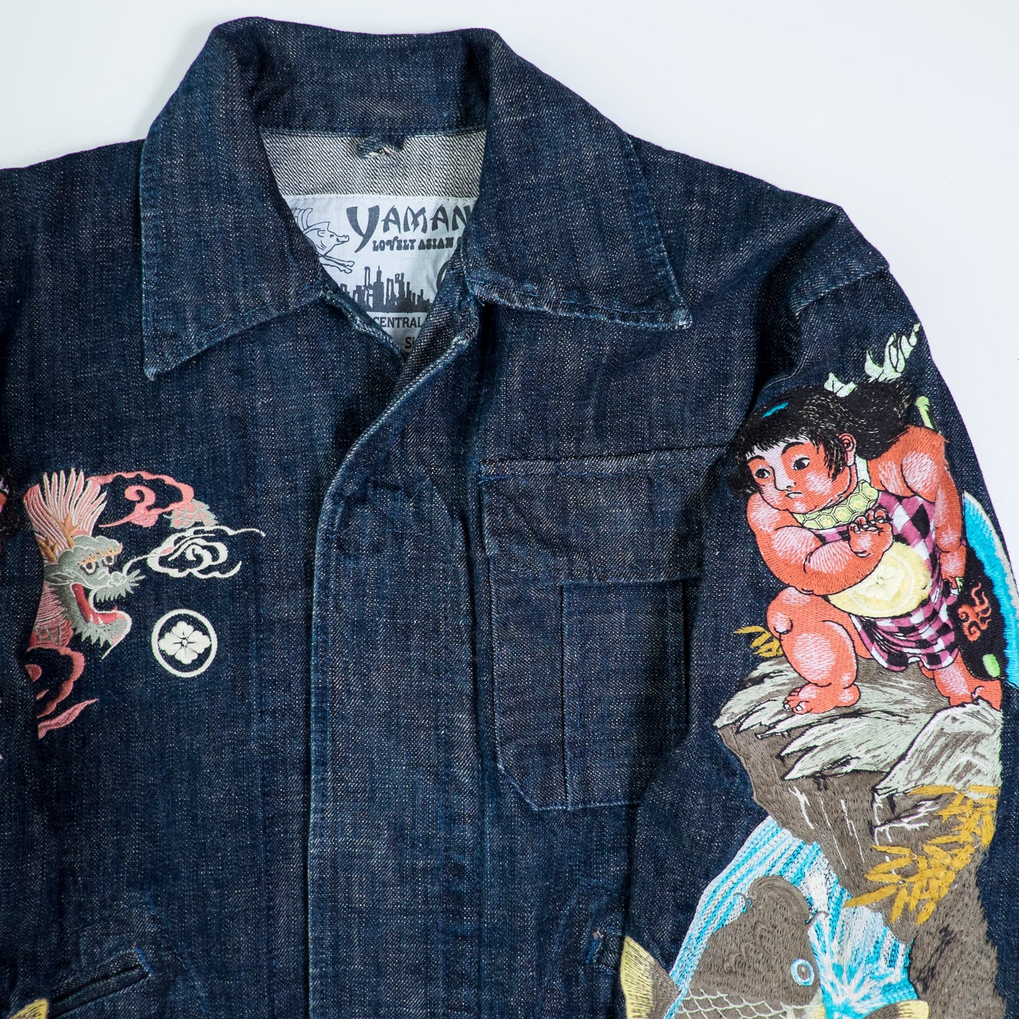 YAMANE EVISU Vintage Kintaro Koi Dragon Japan Map Embroidered Denim Jacket Amekaji Sukajan Style Tour Coat M-L