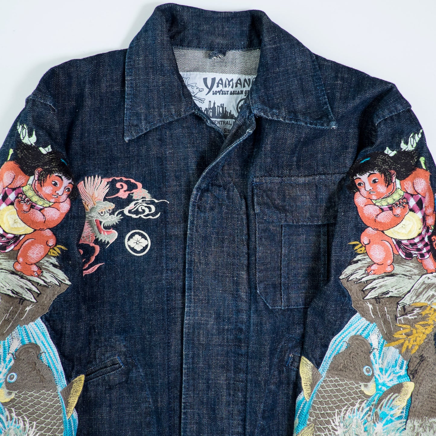 YAMANE EVISU Vintage Kintaro Koi Dragon Japan Map Embroidered Denim Jacket Amekaji Sukajan Style Tour Coat M-L