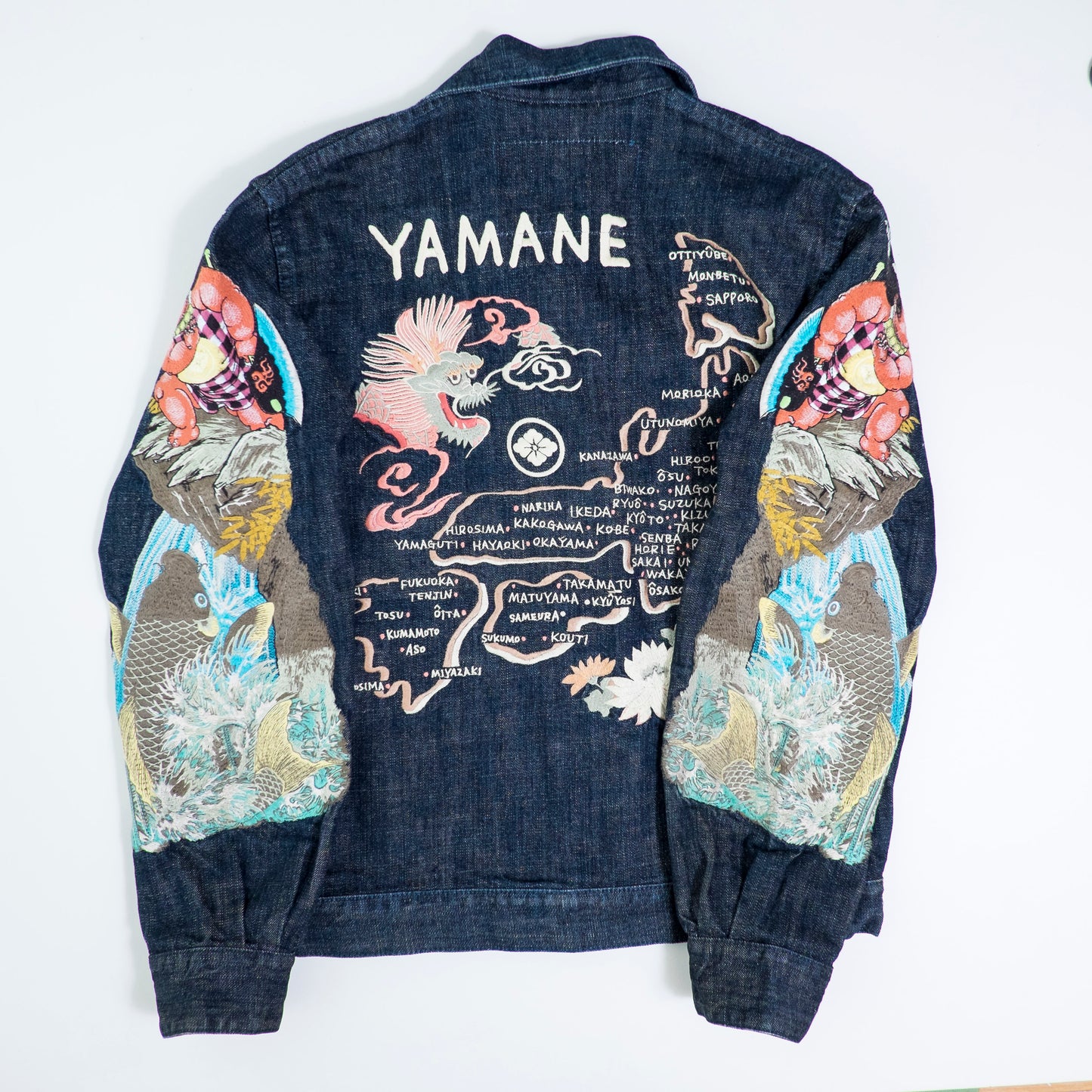 YAMANE EVISU Vintage Kintaro Koi Dragon Japan Map Embroidered Denim Jacket Amekaji Sukajan Style Tour Coat M-L