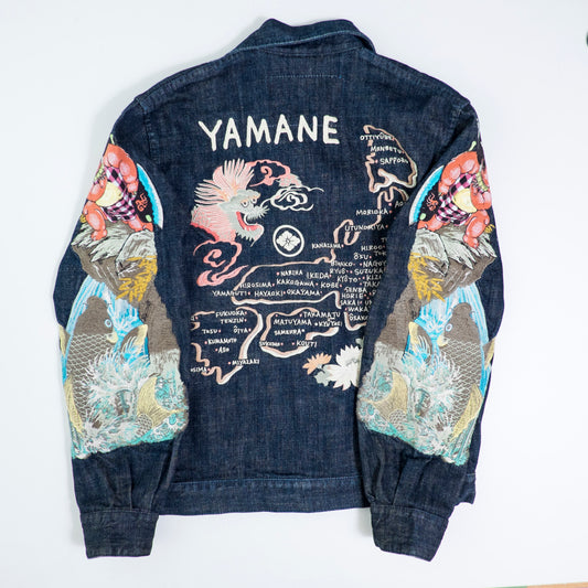 YAMANE EVISU Vintage Kintaro Koi Dragon Japan Map Embroidered Denim Jacket Amekaji Sukajan Style Tour Coat M-L