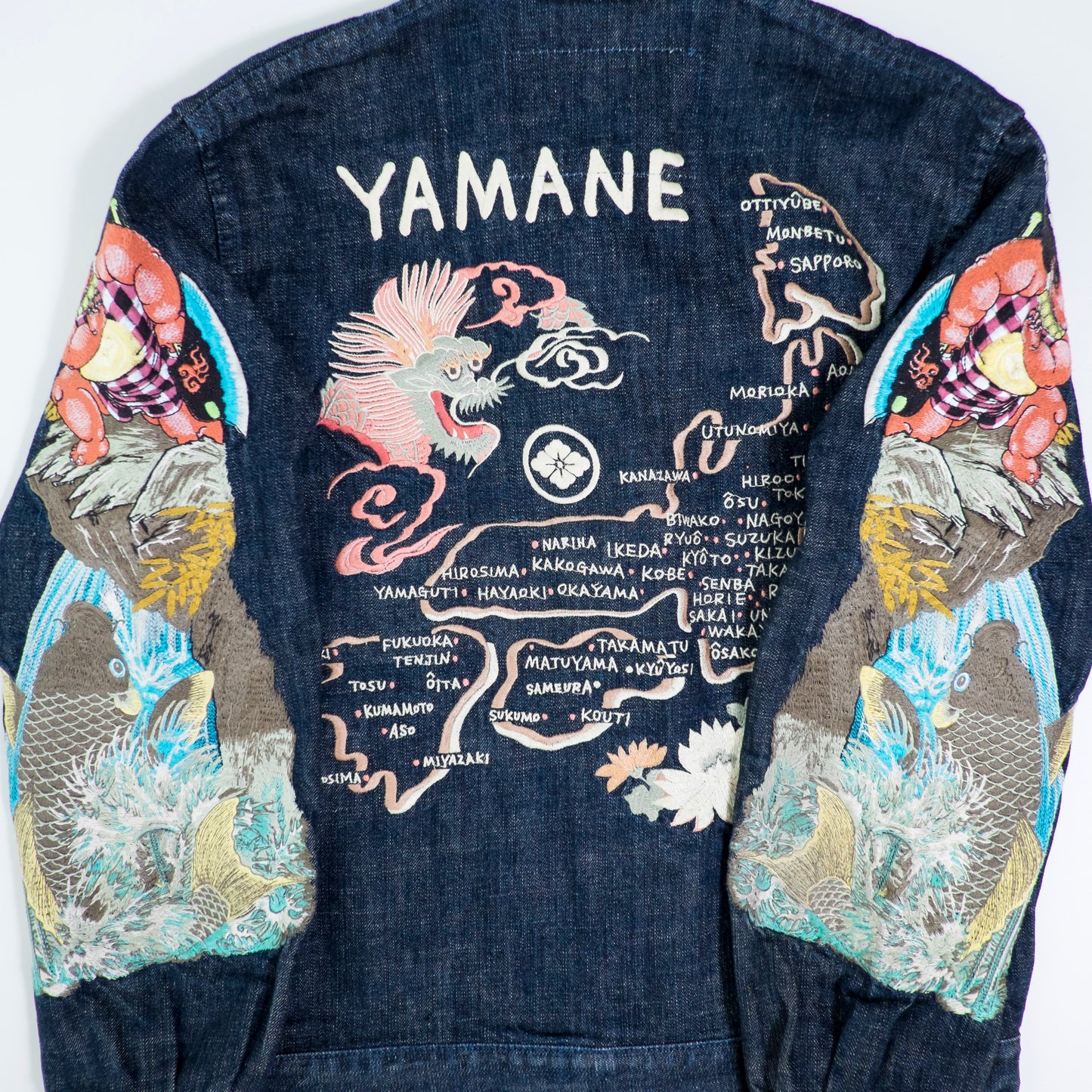 YAMANE EVISU Vintage Kintaro Koi Dragon Japan Map Embroidered Denim Jacket Amekaji Sukajan Style Tour Coat M-L