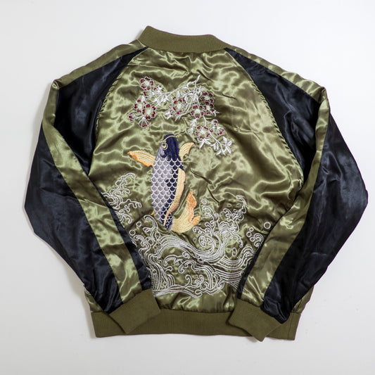 Vintage Olive Satin Koi & Waves Embroidery / Dragon Front / Scenic Sunset Reversible Sukajan Koi Carp Dragon Sunset Souvenir Art Jacket