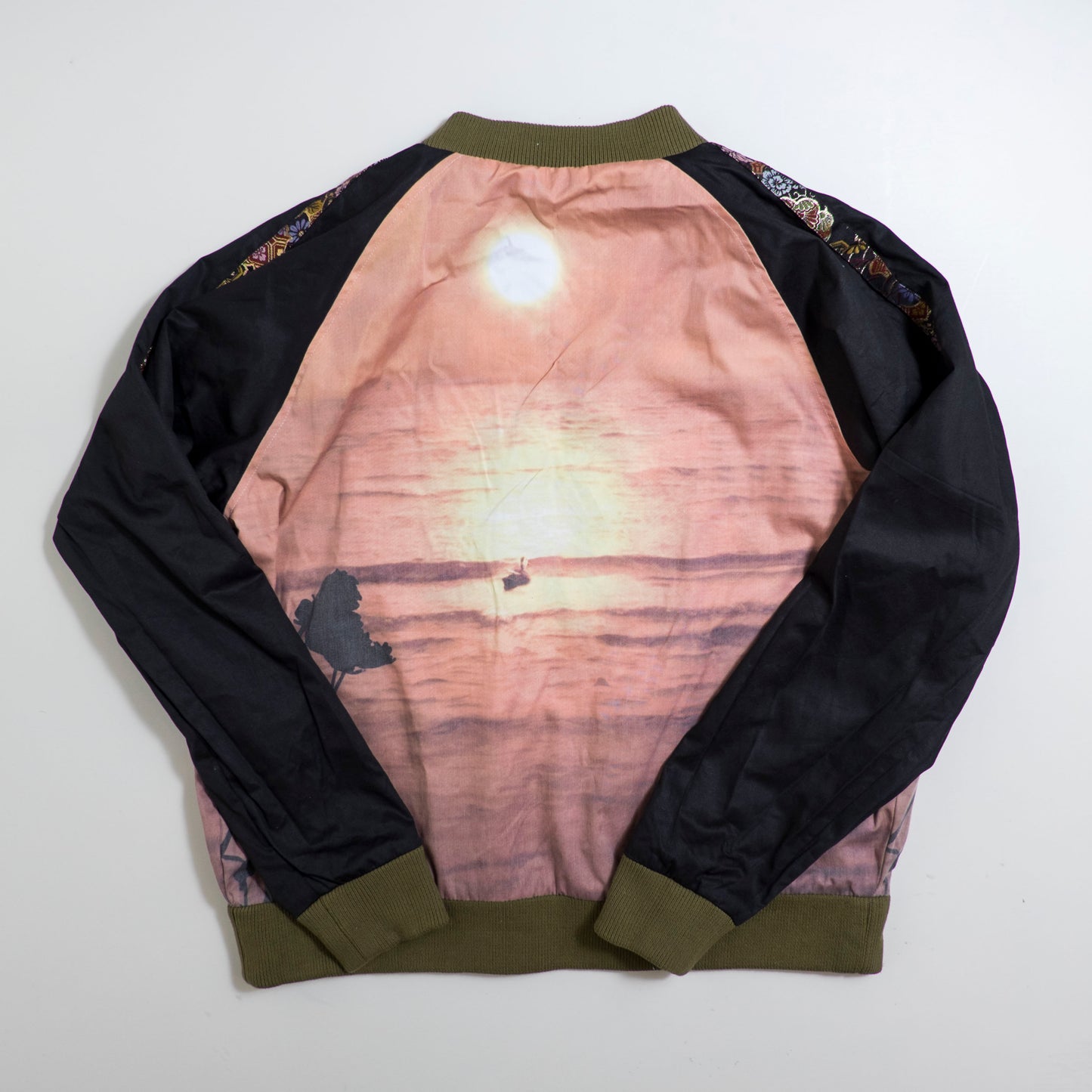 Vintage Olive Satin Koi & Waves Embroidery / Dragon Front / Scenic Sunset Reversible Sukajan Koi Carp Dragon Sunset Souvenir Art Jacket