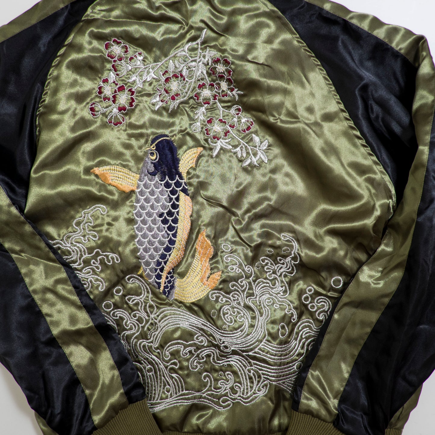 Vintage Olive Satin Koi & Waves Embroidery / Dragon Front / Scenic Sunset Reversible Sukajan Koi Carp Dragon Sunset Souvenir Art Jacket