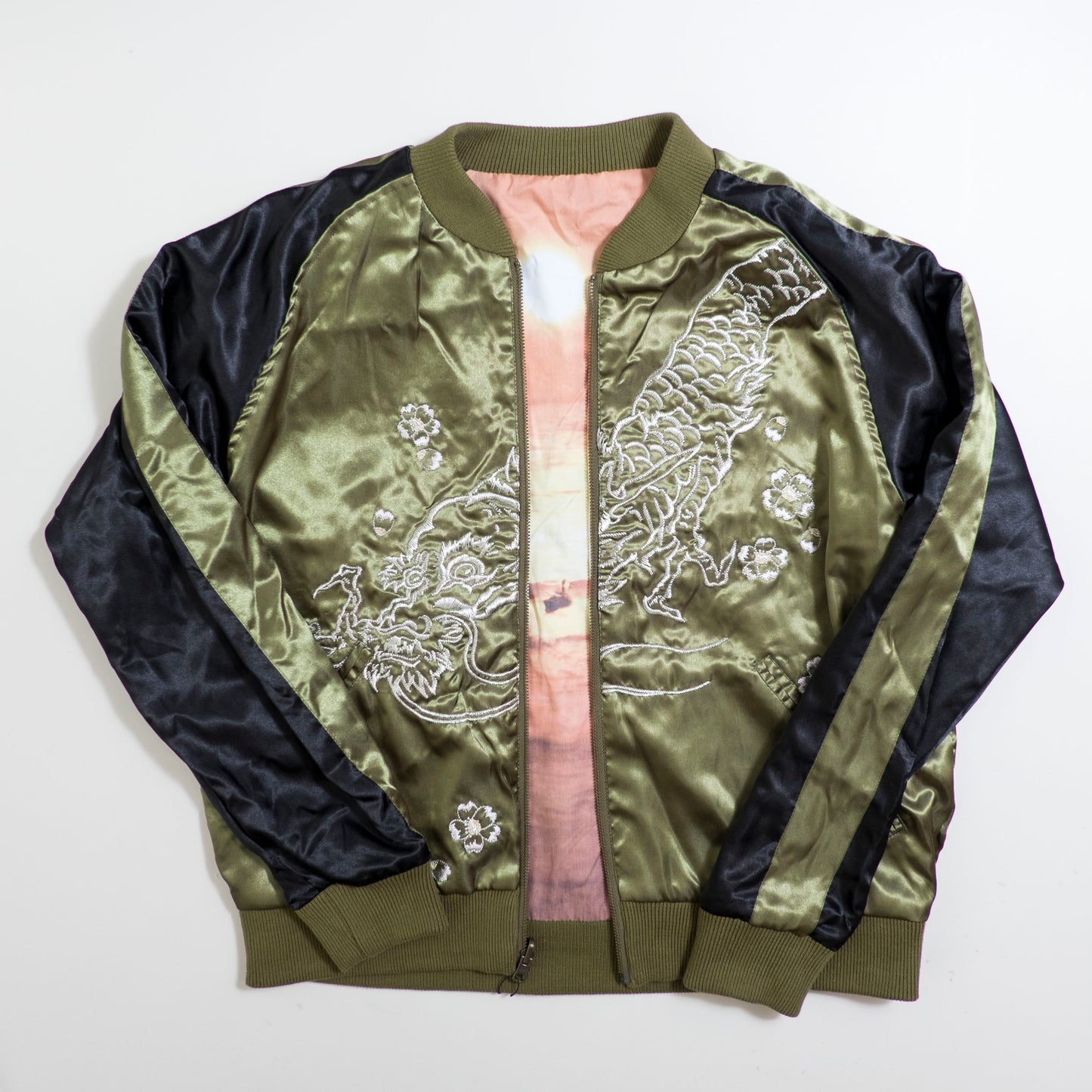 Vintage Olive Satin Koi & Waves Embroidery / Dragon Front / Scenic Sunset Reversible Sukajan Koi Carp Dragon Sunset Souvenir Art Jacket