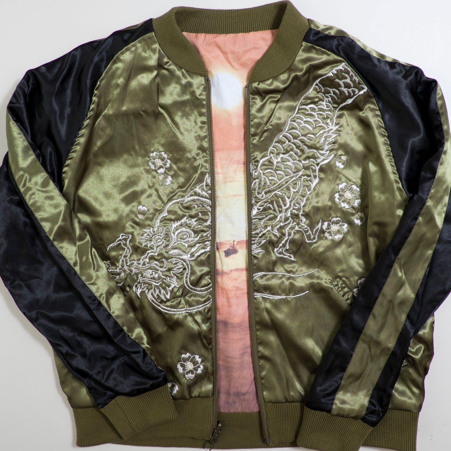 Vintage Olive Satin Koi & Waves Embroidery / Dragon Front / Scenic Sunset Reversible Sukajan Koi Carp Dragon Sunset Souvenir Art Jacket