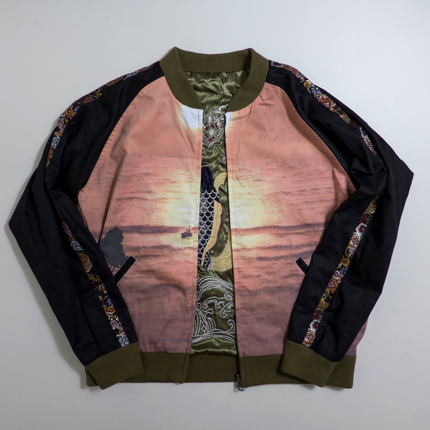 Vintage Olive Satin Koi & Waves Embroidery / Dragon Front / Scenic Sunset Reversible Sukajan Koi Carp Dragon Sunset Souvenir Art Jacket