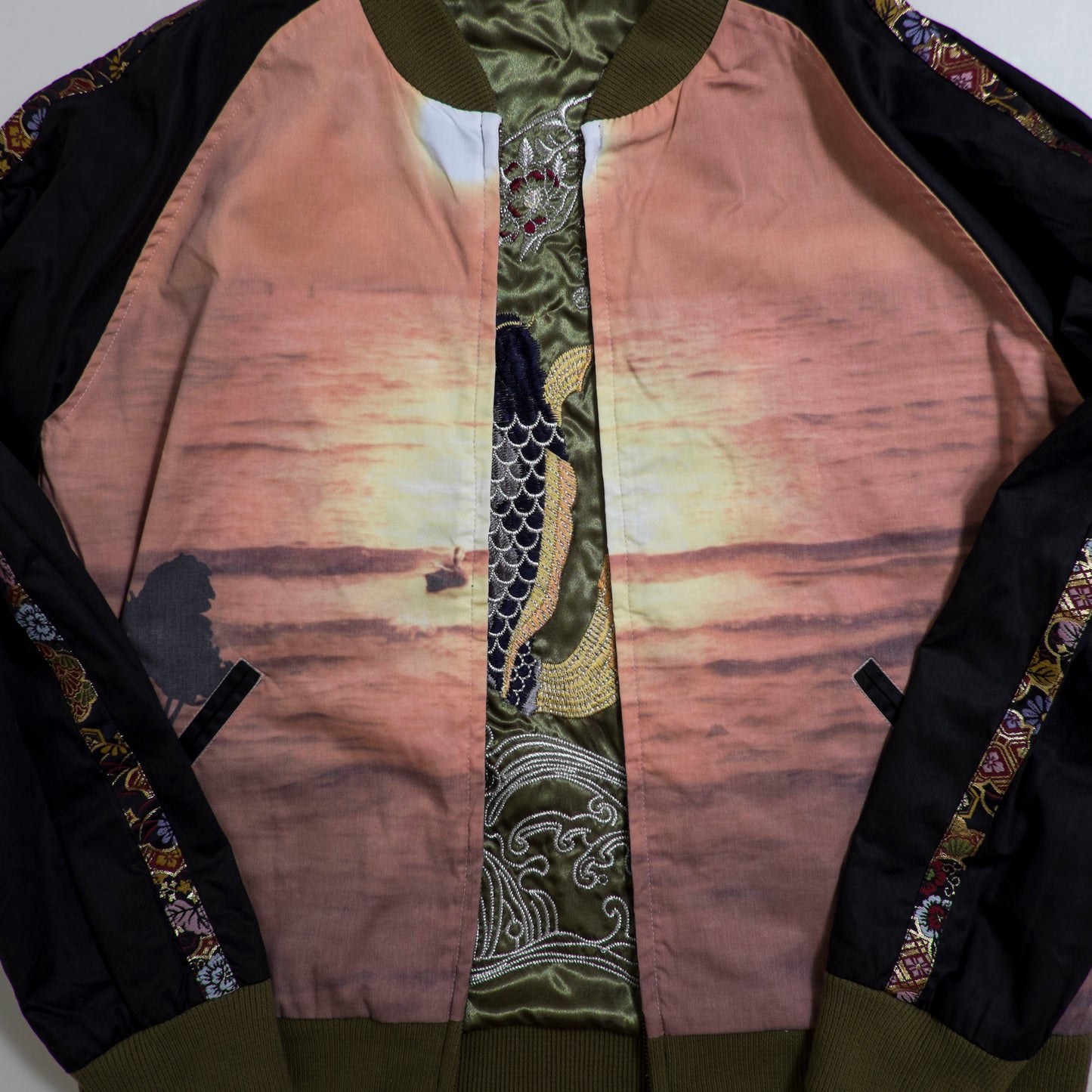 Vintage Olive Satin Koi & Waves Embroidery / Dragon Front / Scenic Sunset Reversible Sukajan Koi Carp Dragon Sunset Souvenir Art Jacket