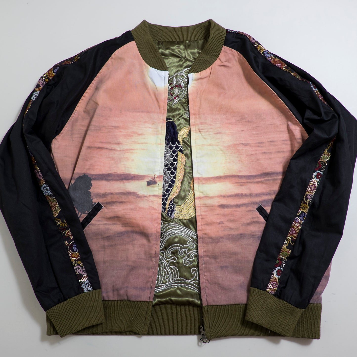Vintage Olive Satin Koi & Waves Embroidery / Dragon Front / Scenic Sunset Reversible Sukajan Koi Carp Dragon Sunset Souvenir Art Jacket