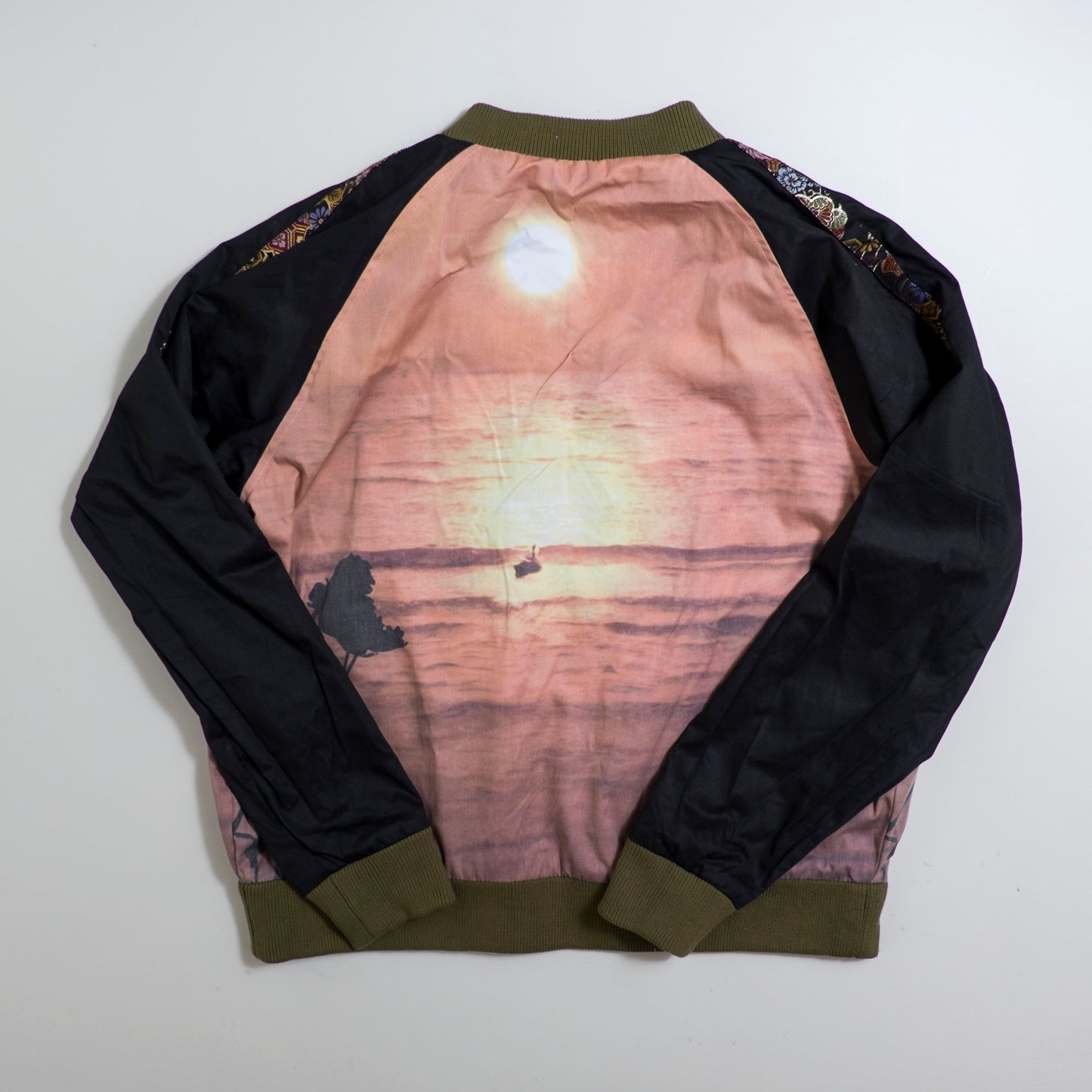 Vintage Olive Satin Koi & Waves Embroidery / Dragon Front / Scenic Sunset Reversible Sukajan Koi Carp Dragon Sunset Souvenir Art Jacket