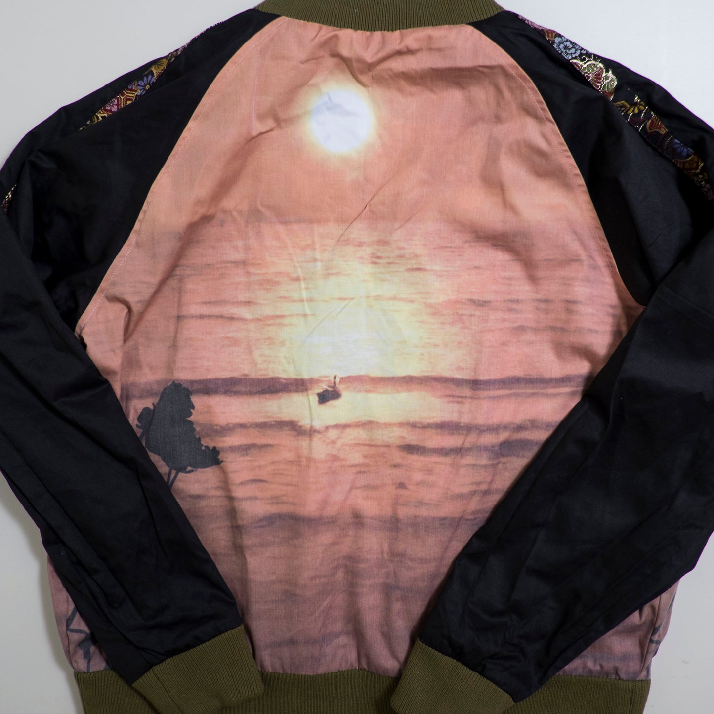 Vintage Olive Satin Koi & Waves Embroidery / Dragon Front / Scenic Sunset Reversible Sukajan Koi Carp Dragon Sunset Souvenir Art Jacket