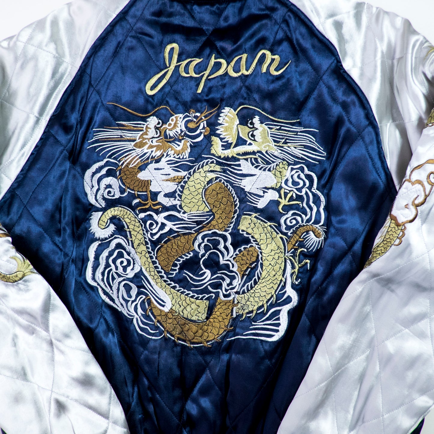 HOUSTON Vintage Japanese Japan Metallic Blue Dragon Ryu Tattoo Art Design Embroidered Yokosuka Jumper Bomber Sukajan Souvenir Padded Jacket M
