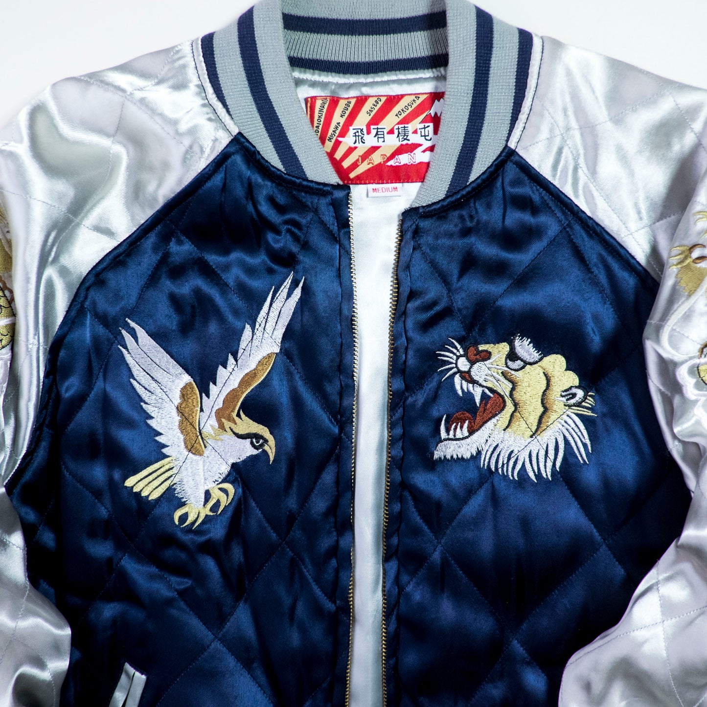 HOUSTON Vintage Japanese Japan Metallic Blue Dragon Ryu Tattoo Art Design Embroidered Yokosuka Jumper Bomber Sukajan Souvenir Padded Jacket M
