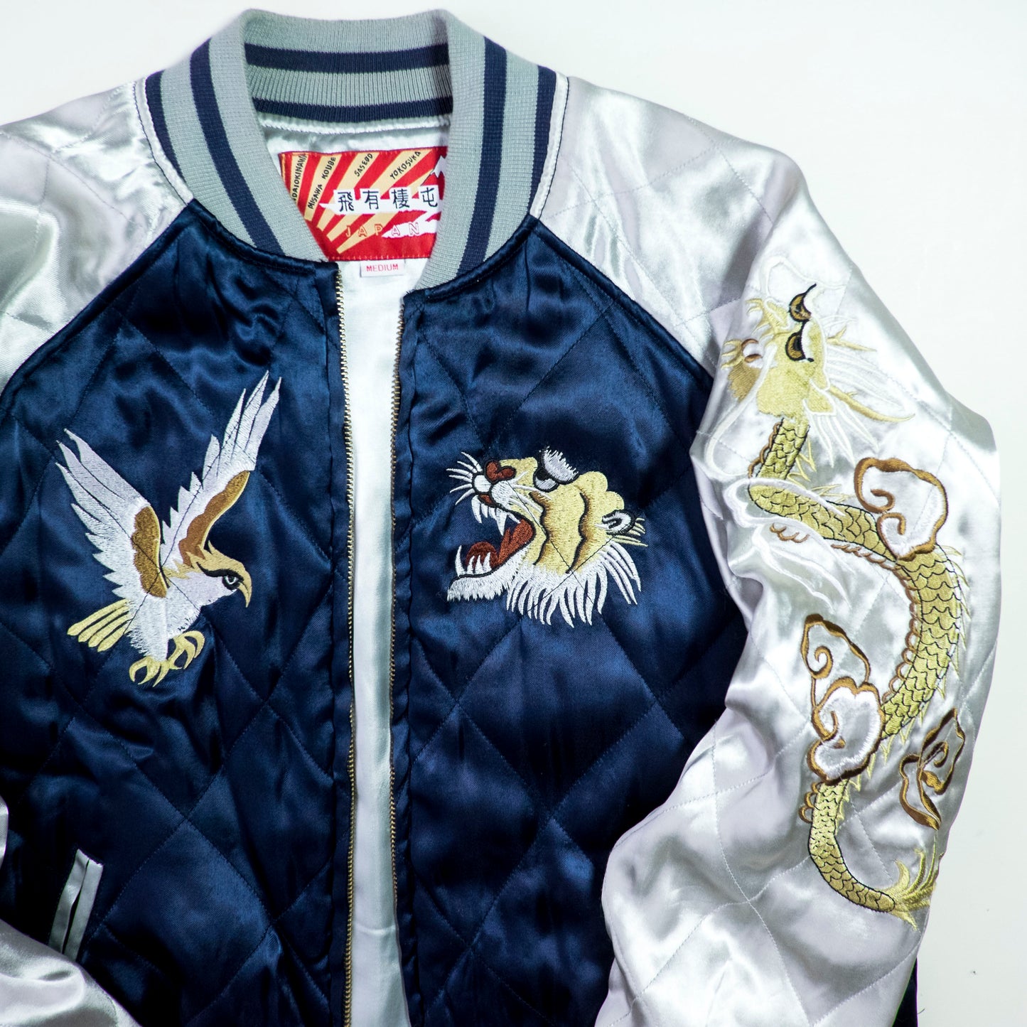 HOUSTON Vintage Japanese Japan Metallic Blue Dragon Ryu Tattoo Art Design Embroidered Yokosuka Jumper Bomber Sukajan Souvenir Padded Jacket M