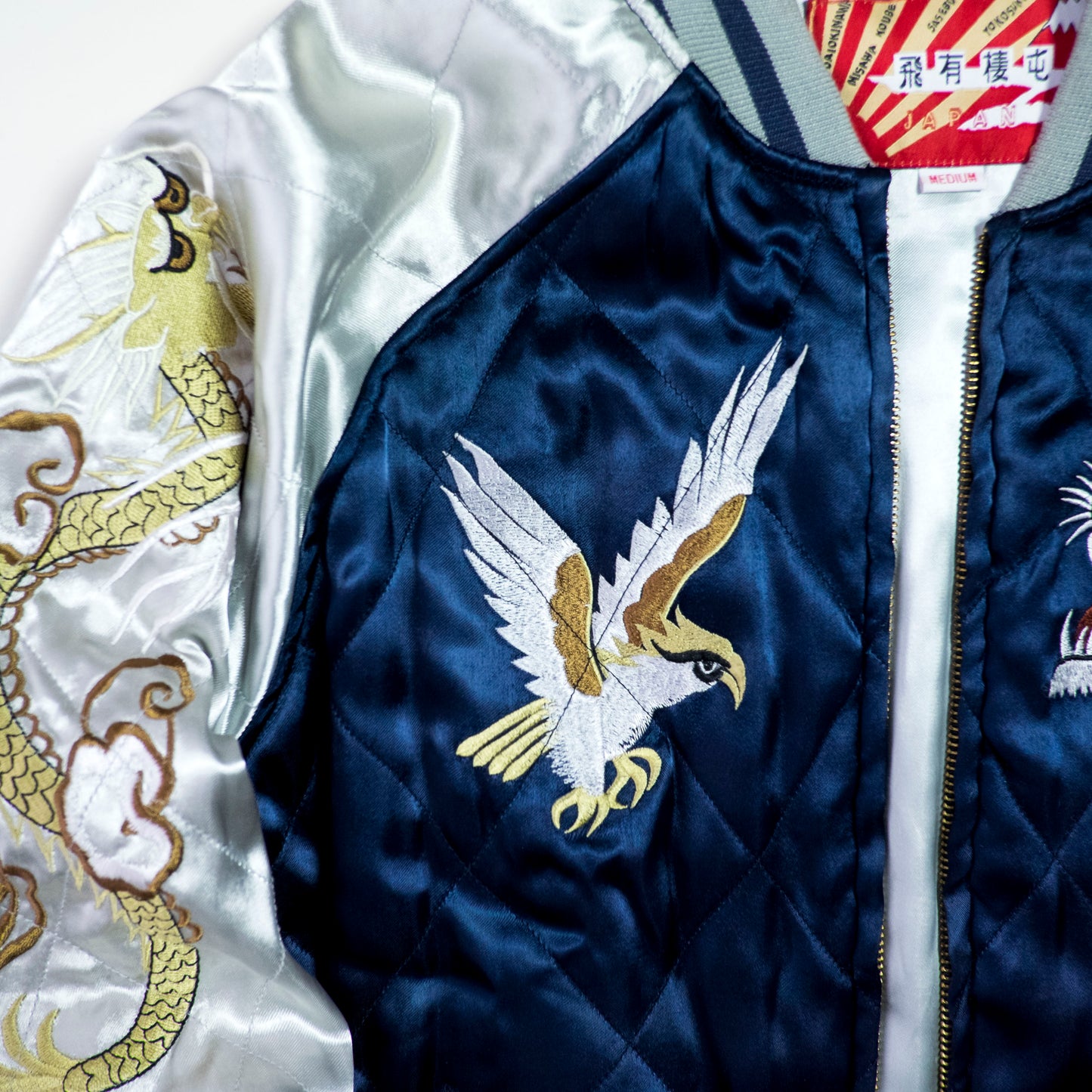 HOUSTON Vintage Japanese Japan Metallic Blue Dragon Ryu Tattoo Art Design Embroidered Yokosuka Jumper Bomber Sukajan Souvenir Padded Jacket M