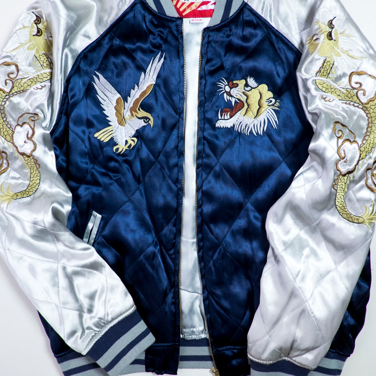 HOUSTON Vintage Japanese Japan Metallic Blue Dragon Ryu Tattoo Art Design Embroidered Yokosuka Jumper Bomber Sukajan Souvenir Padded Jacket M