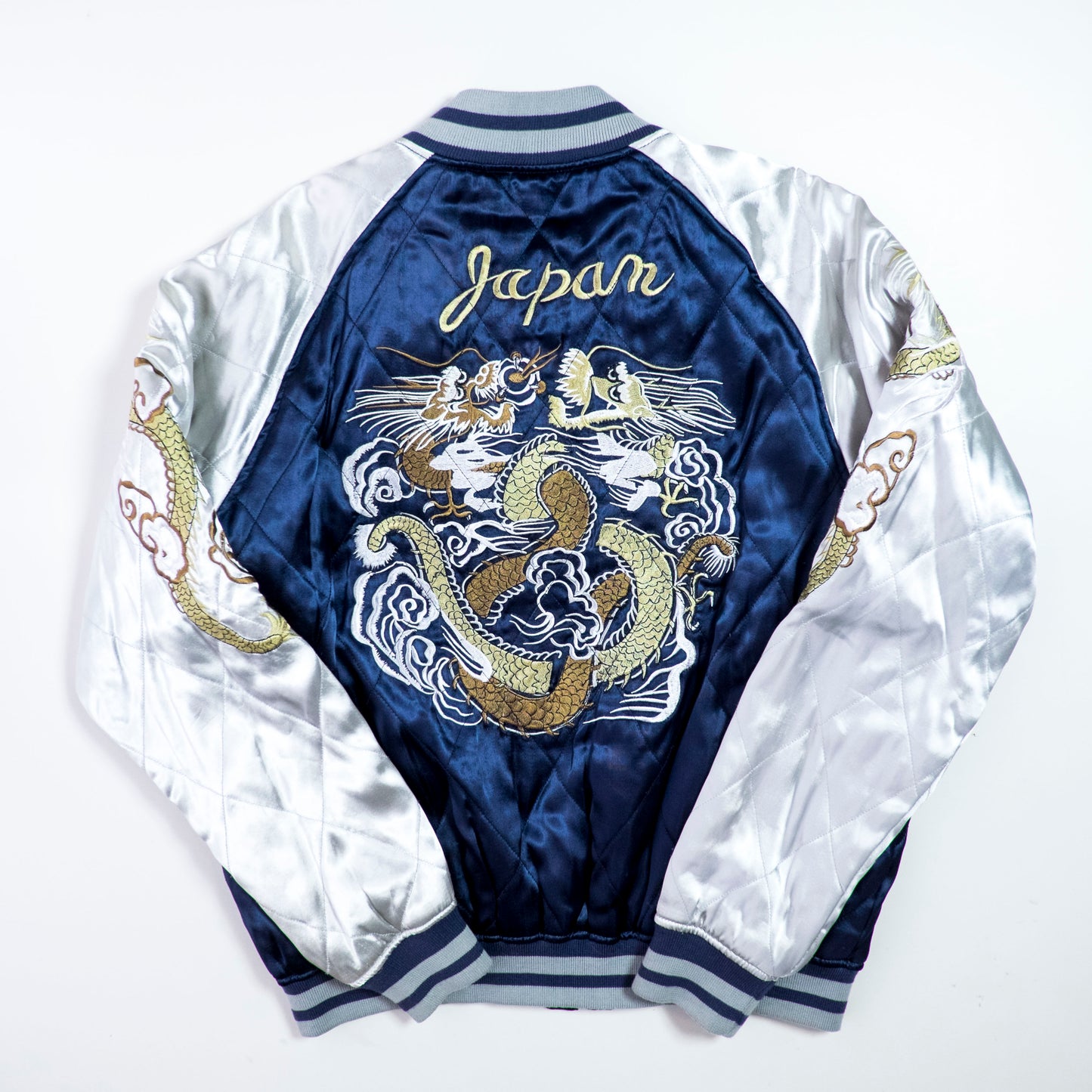 HOUSTON Vintage Japanese Japan Metallic Blue Dragon Ryu Tattoo Art Design Embroidered Yokosuka Jumper Bomber Sukajan Souvenir Padded Jacket M