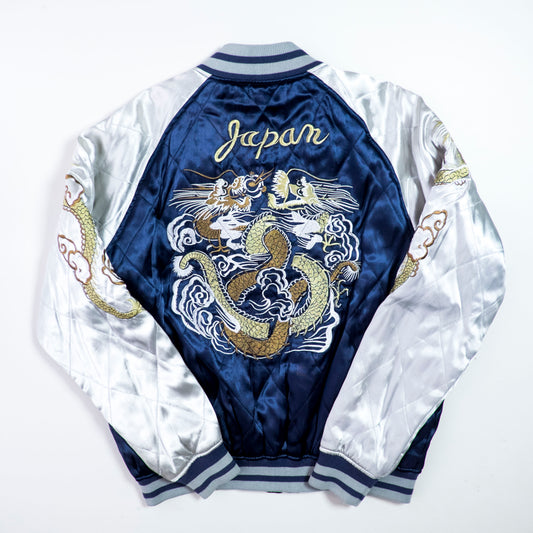 HOUSTON Vintage Japanese Japan Metallic Blue Dragon Ryu Tattoo Art Design Embroidered Yokosuka Jumper Bomber Sukajan Souvenir Padded Jacket M
