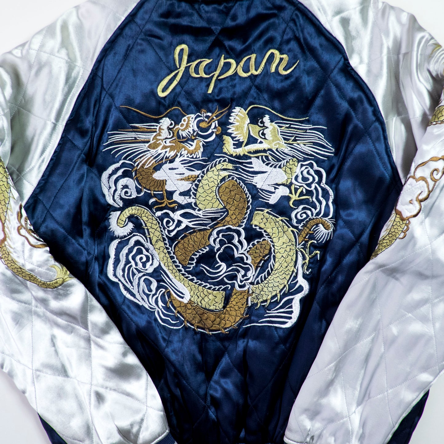 HOUSTON Vintage Japanese Japan Metallic Blue Dragon Ryu Tattoo Art Design Embroidered Yokosuka Jumper Bomber Sukajan Souvenir Padded Jacket M