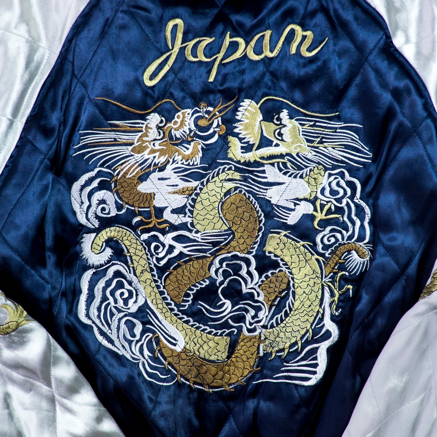 HOUSTON Vintage Japanese Japan Metallic Blue Dragon Ryu Tattoo Art Design Embroidered Yokosuka Jumper Bomber Sukajan Souvenir Padded Jacket M