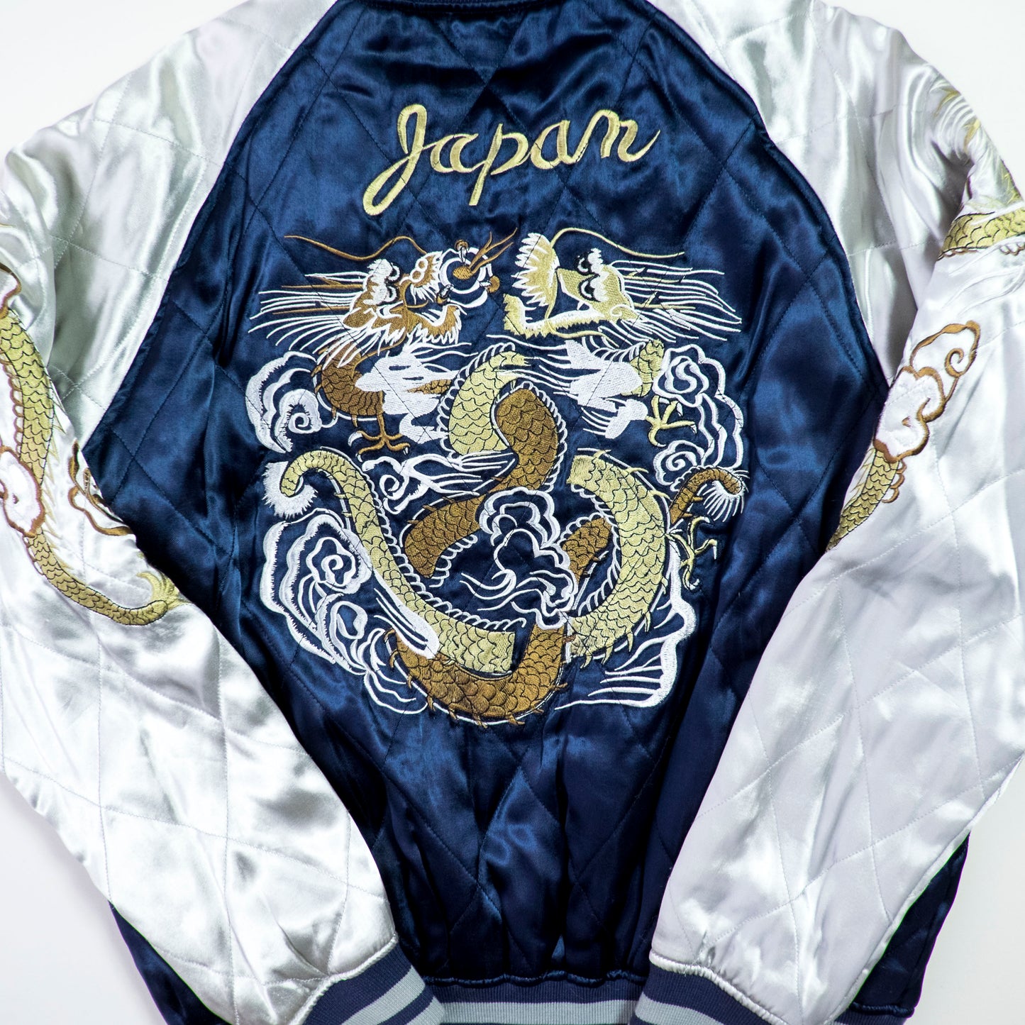 HOUSTON Vintage Japanese Japan Metallic Blue Dragon Ryu Tattoo Art Design Embroidered Yokosuka Jumper Bomber Sukajan Souvenir Padded Jacket M