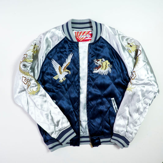 HOUSTON Vintage Japanese Japan Metallic Blue Dragon Ryu Tattoo Art Design Embroidered Yokosuka Jumper Bomber Sukajan Souvenir Padded Jacket M