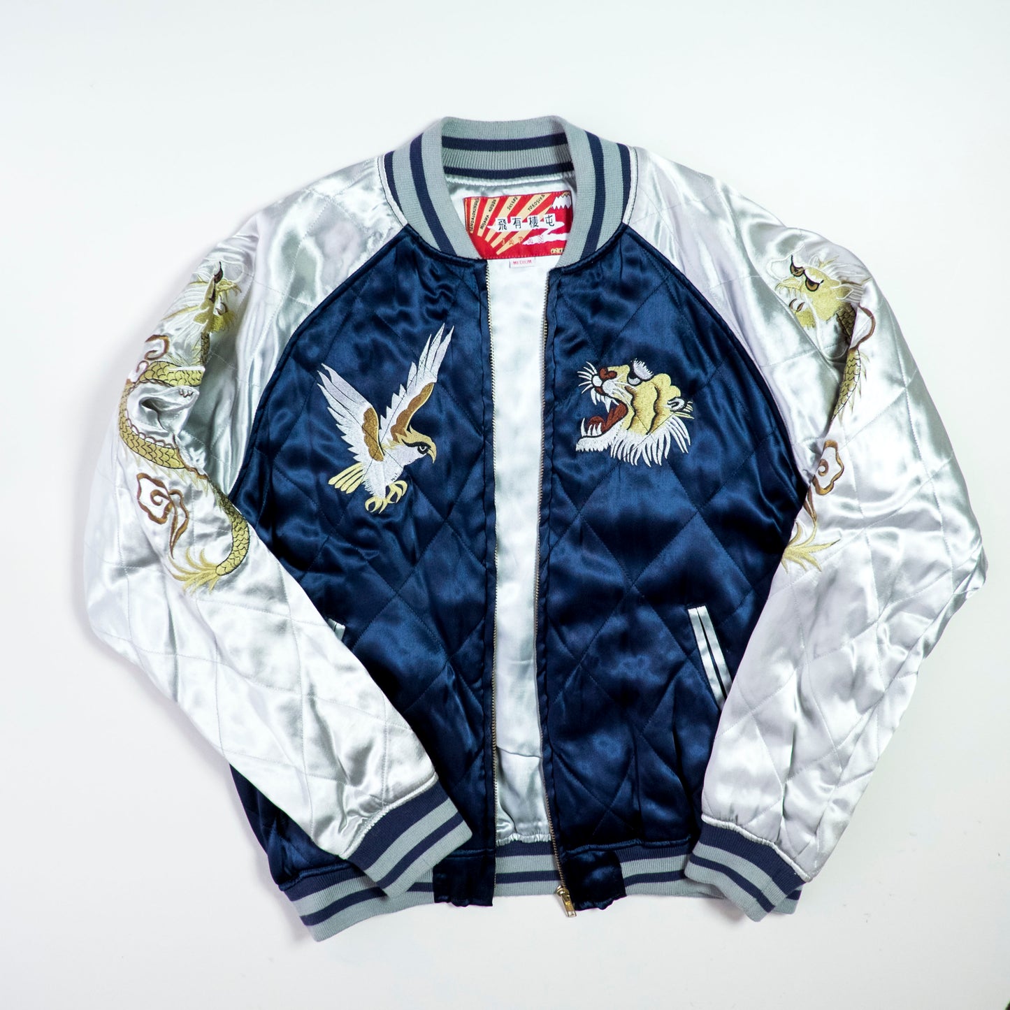 HOUSTON Vintage Japanese Japan Metallic Blue Dragon Ryu Tattoo Art Design Embroidered Yokosuka Jumper Bomber Sukajan Souvenir Padded Jacket M