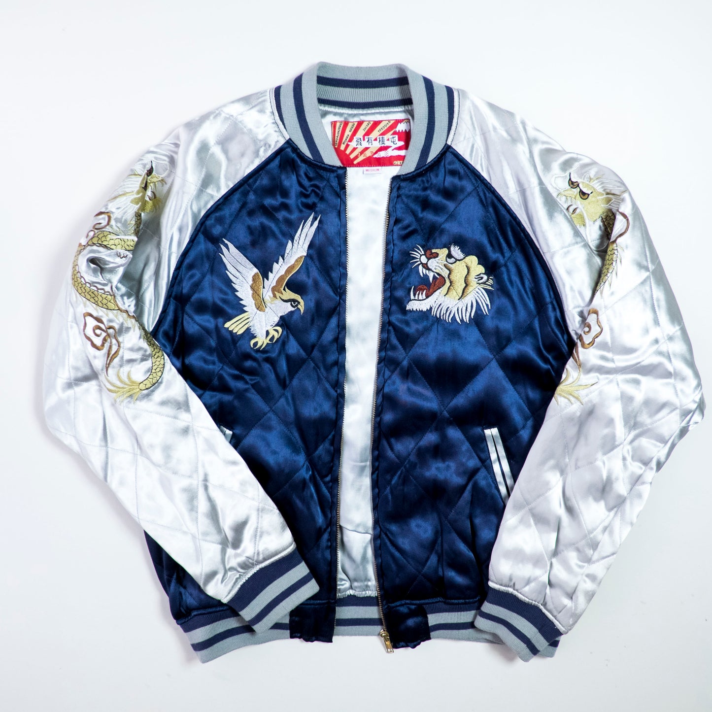 HOUSTON Vintage Japanese Japan Metallic Blue Dragon Ryu Tattoo Art Design Embroidered Yokosuka Jumper Bomber Sukajan Souvenir Padded Jacket M