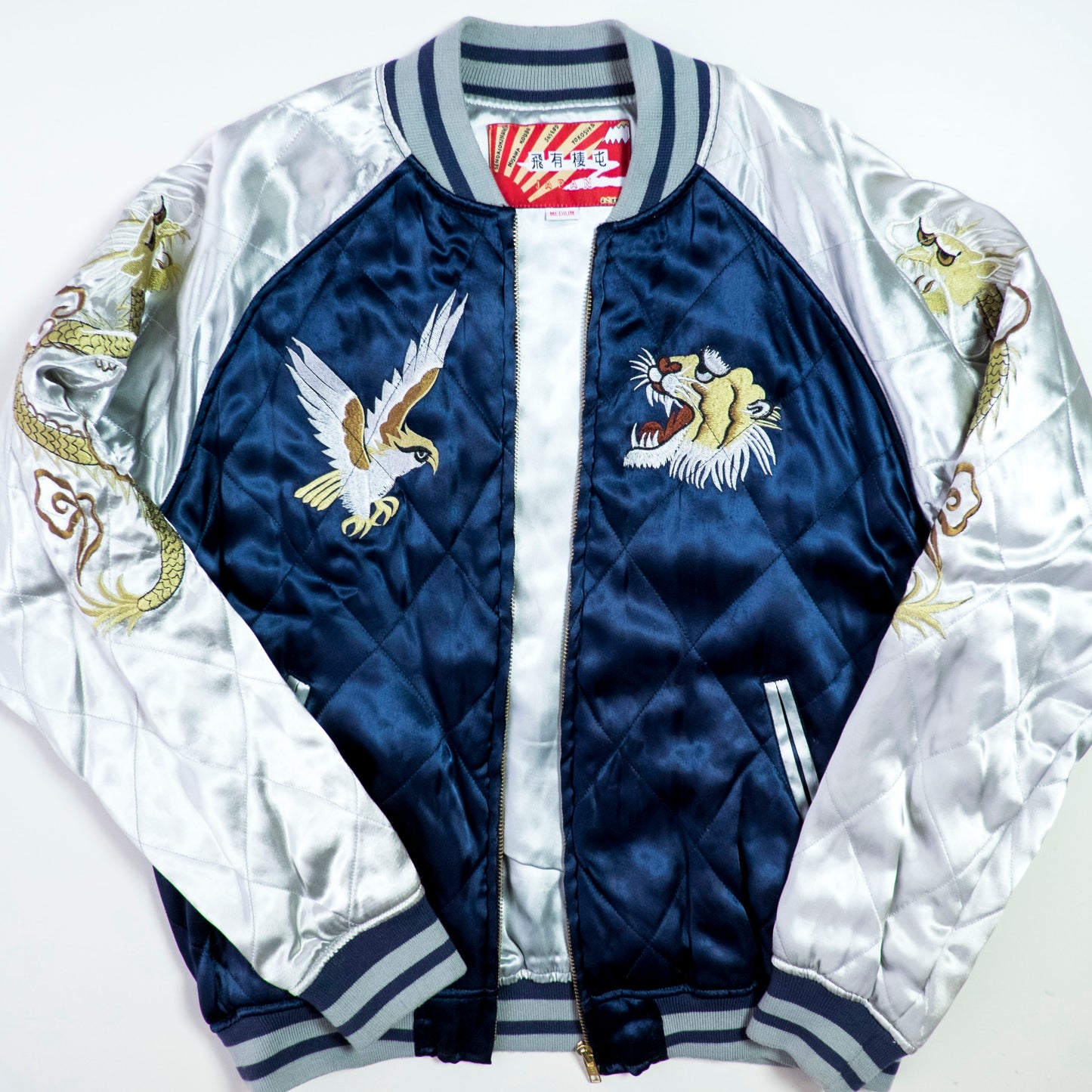 HOUSTON Vintage Japanese Japan Metallic Blue Dragon Ryu Tattoo Art Design Embroidered Yokosuka Jumper Bomber Sukajan Souvenir Padded Jacket M