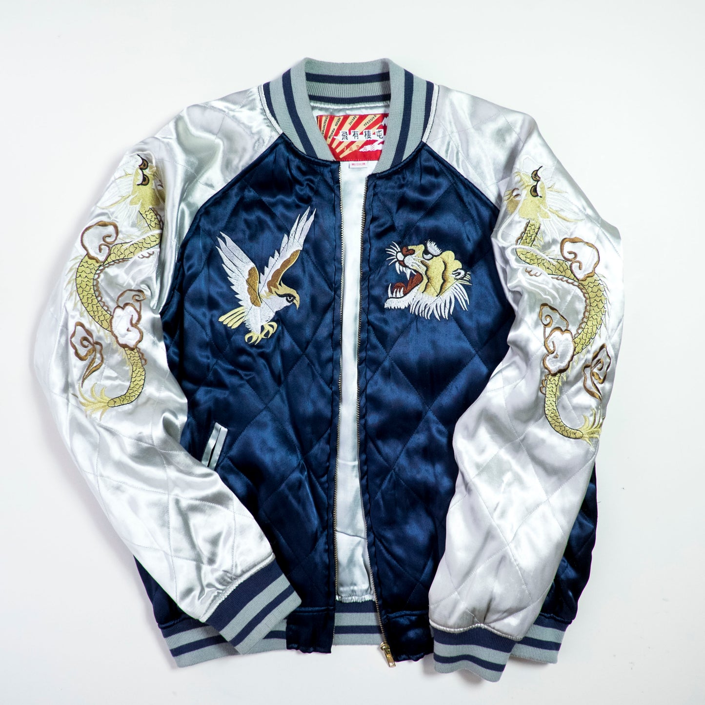 HOUSTON Vintage Japanese Japan Metallic Blue Dragon Ryu Tattoo Art Design Embroidered Yokosuka Jumper Bomber Sukajan Souvenir Padded Jacket M