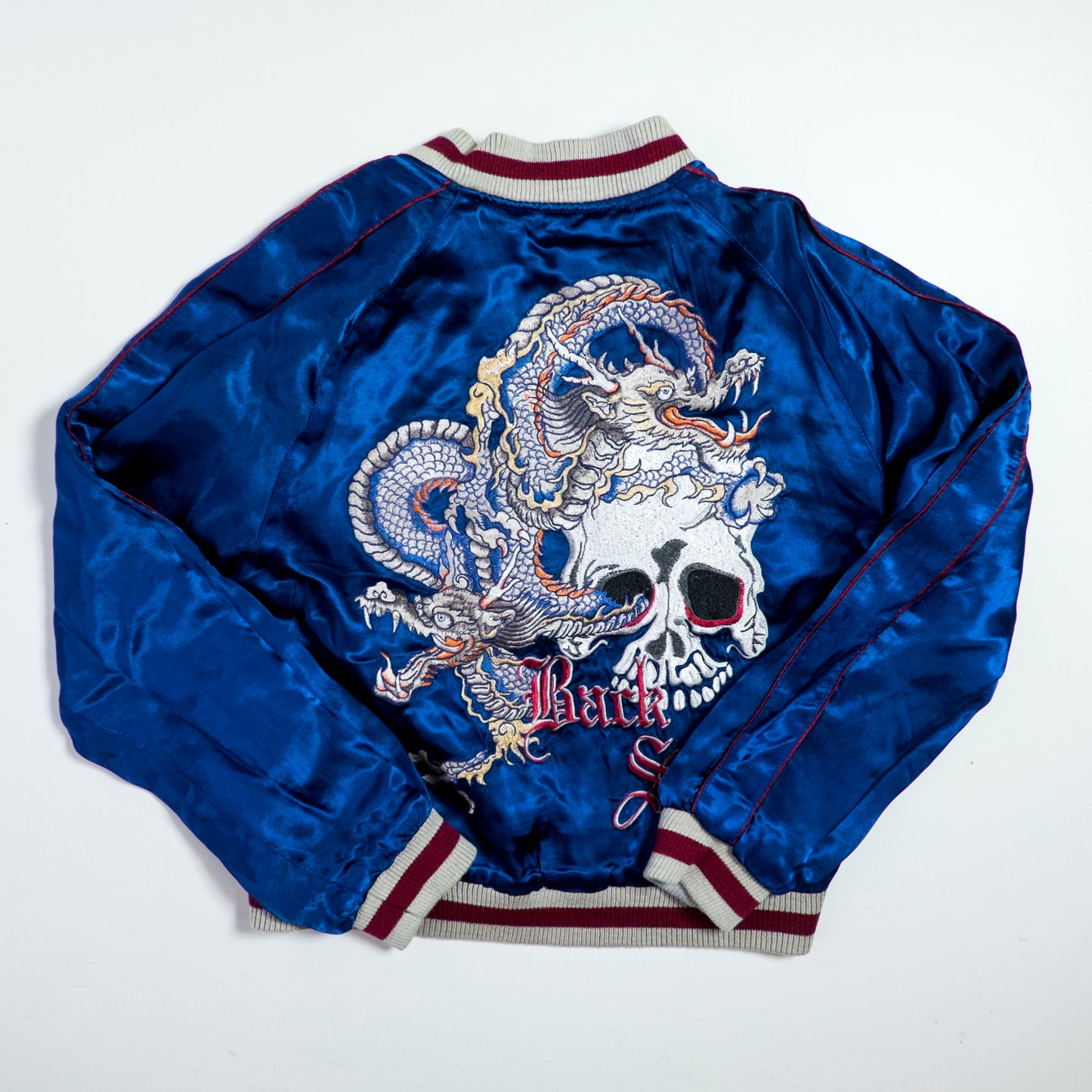 PUNK ROCK Blue Vintage Japanese Japan Snake Skull x Dragon Ryu Tattoo Art Design Embroidered Yokosuka Jumper Bomber Sukajan Souvenir Jacket