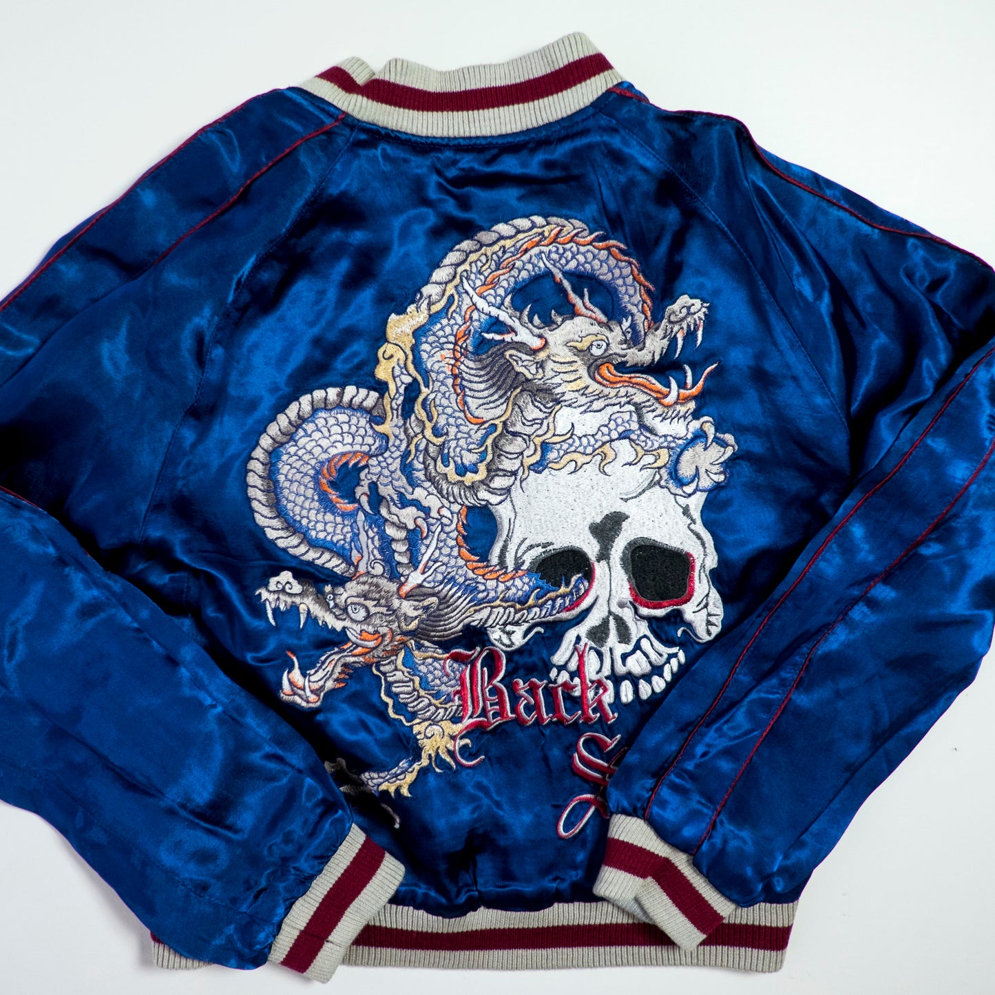 PUNK ROCK Blue Vintage Japanese Japan Snake Skull x Dragon Ryu Tattoo Art Design Embroidered Yokosuka Jumper Bomber Sukajan Souvenir Jacket