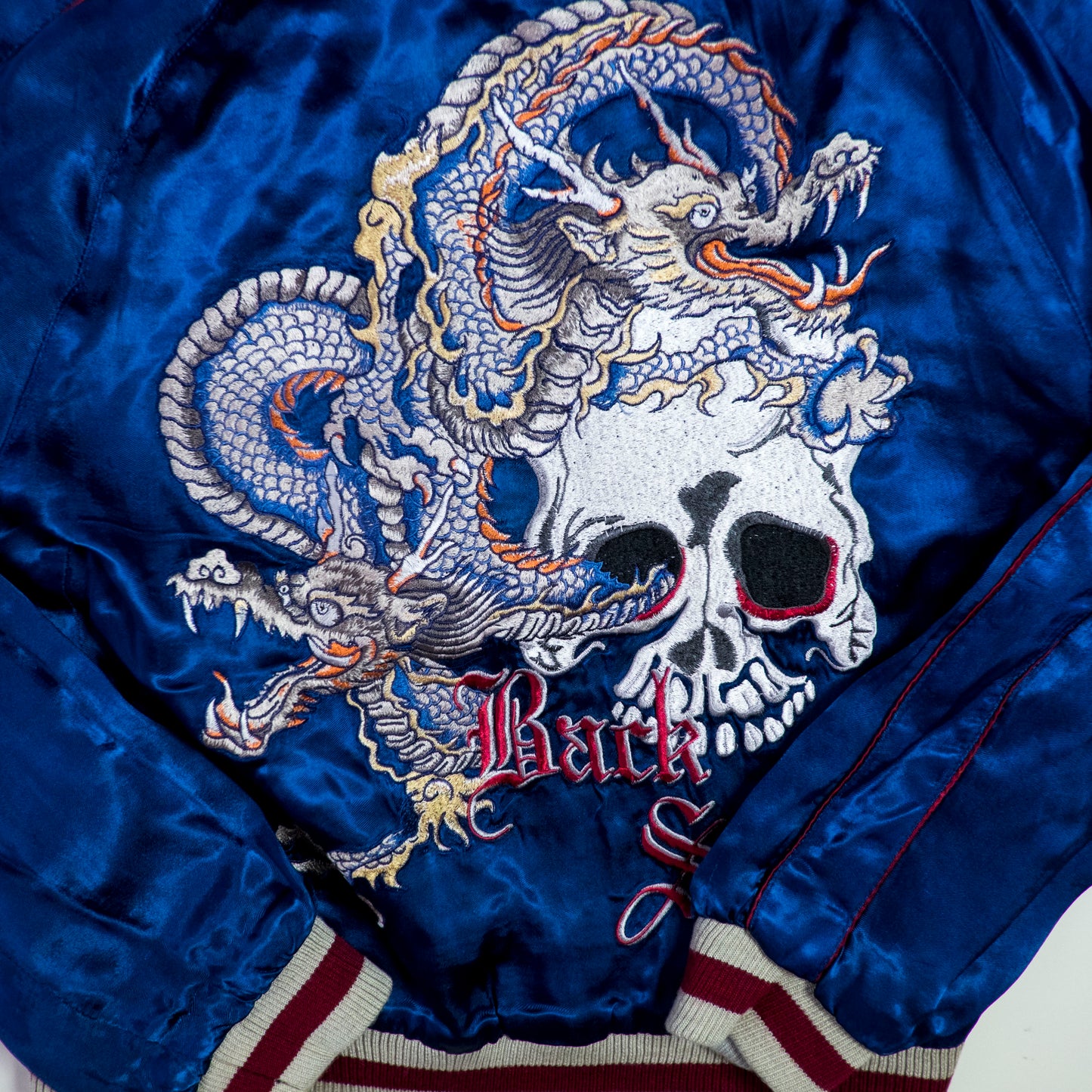PUNK ROCK Blue Vintage Japanese Japan Snake Skull x Dragon Ryu Tattoo Art Design Embroidered Yokosuka Jumper Bomber Sukajan Souvenir Jacket