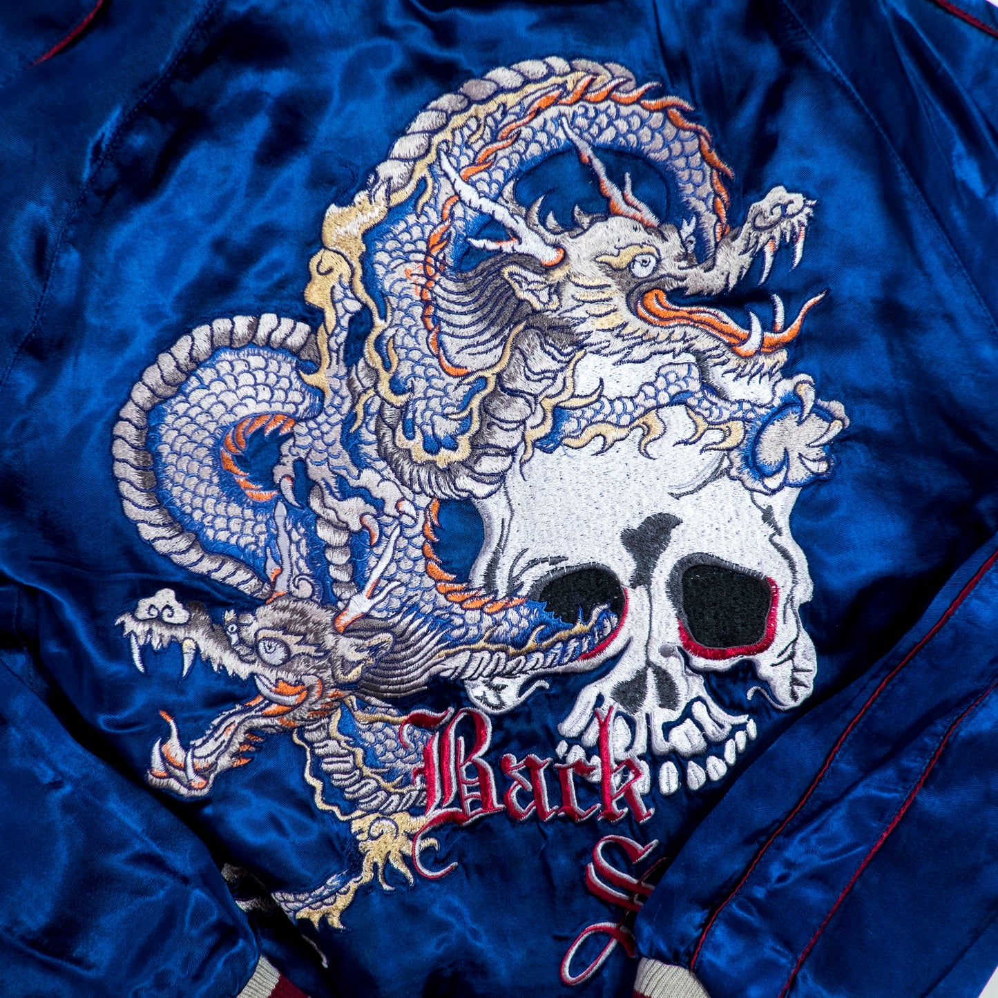 PUNK ROCK Blue Vintage Japanese Japan Snake Skull x Dragon Ryu Tattoo Art Design Embroidered Yokosuka Jumper Bomber Sukajan Souvenir Jacket