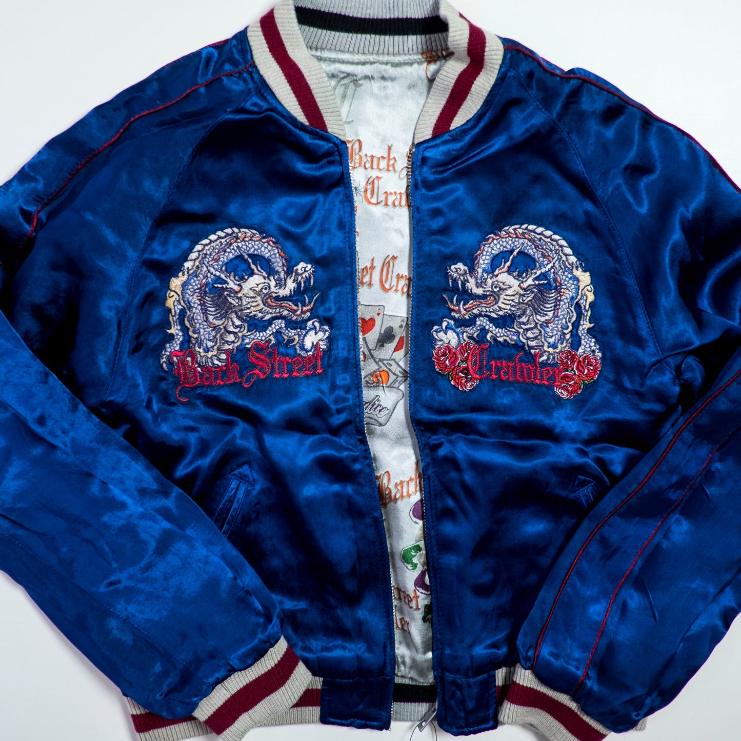 PUNK ROCK Blue Vintage Japanese Japan Snake Skull x Dragon Ryu Tattoo Art Design Embroidered Yokosuka Jumper Bomber Sukajan Souvenir Jacket
