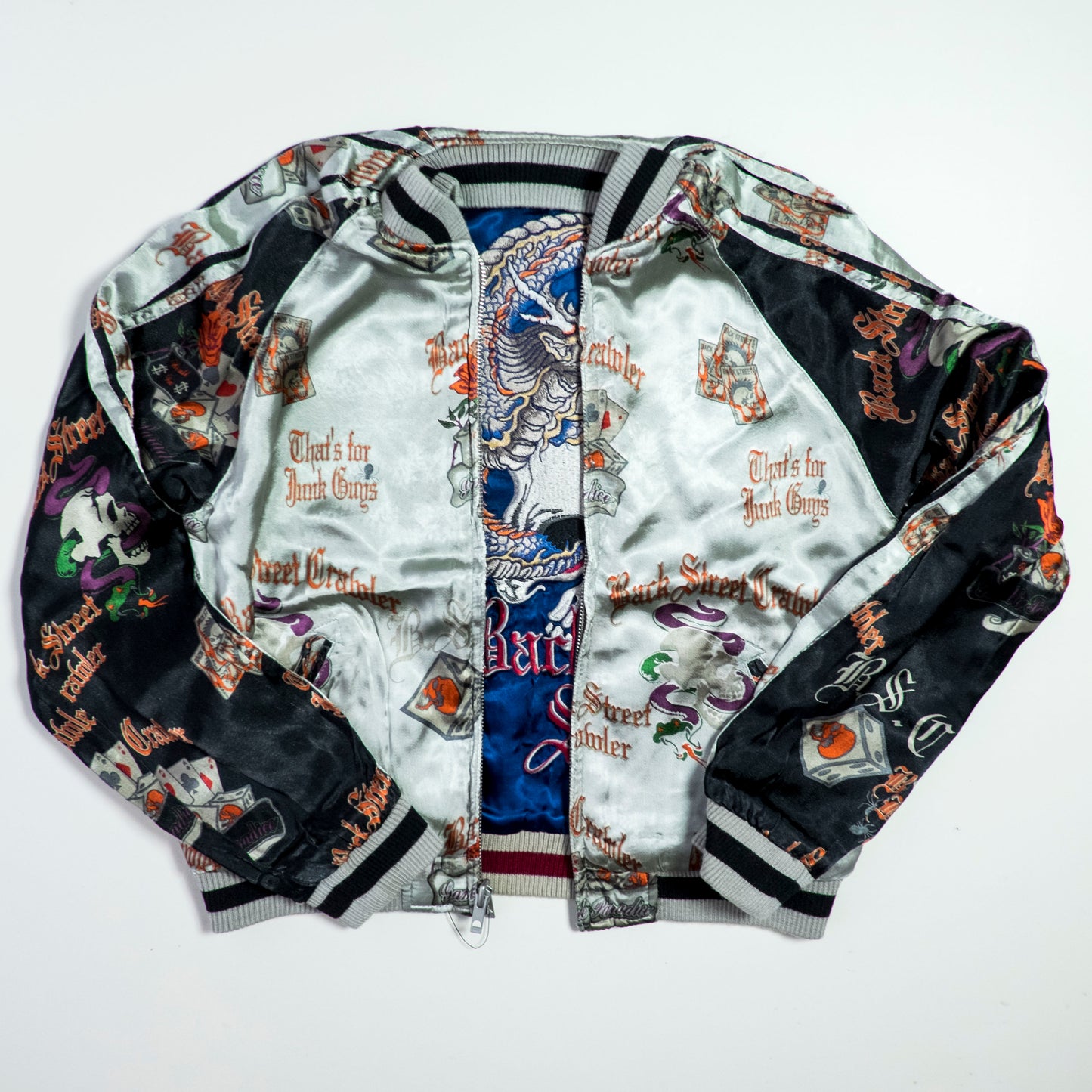 PUNK ROCK Blue Vintage Japanese Japan Snake Skull x Dragon Ryu Tattoo Art Design Embroidered Yokosuka Jumper Bomber Sukajan Souvenir Jacket