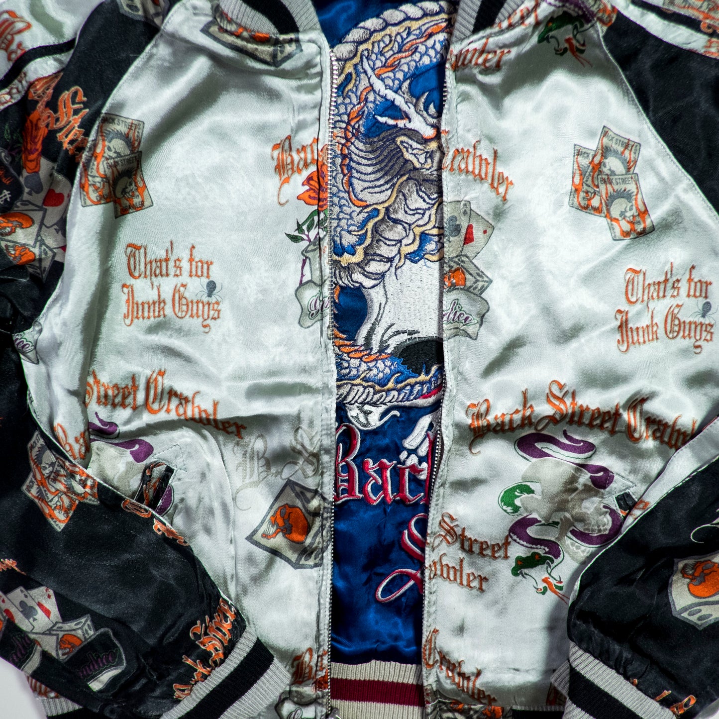PUNK ROCK Blue Vintage Japanese Japan Snake Skull x Dragon Ryu Tattoo Art Design Embroidered Yokosuka Jumper Bomber Sukajan Souvenir Jacket