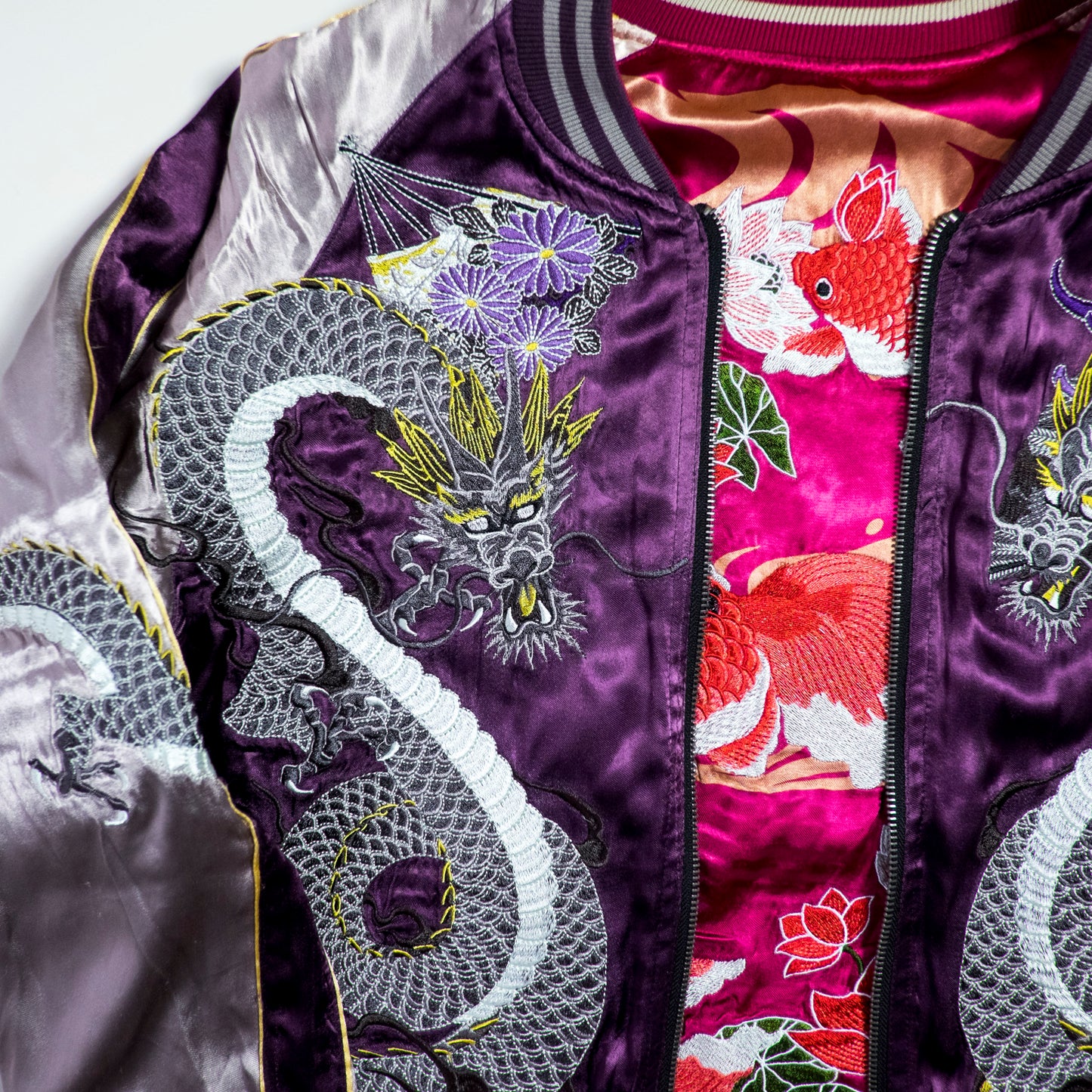 Miyabi Musubi Reversible Sukajan Jacket L-XL Goldfish Lotus Dragon Embroidered Japanese Yokosuka Bomber