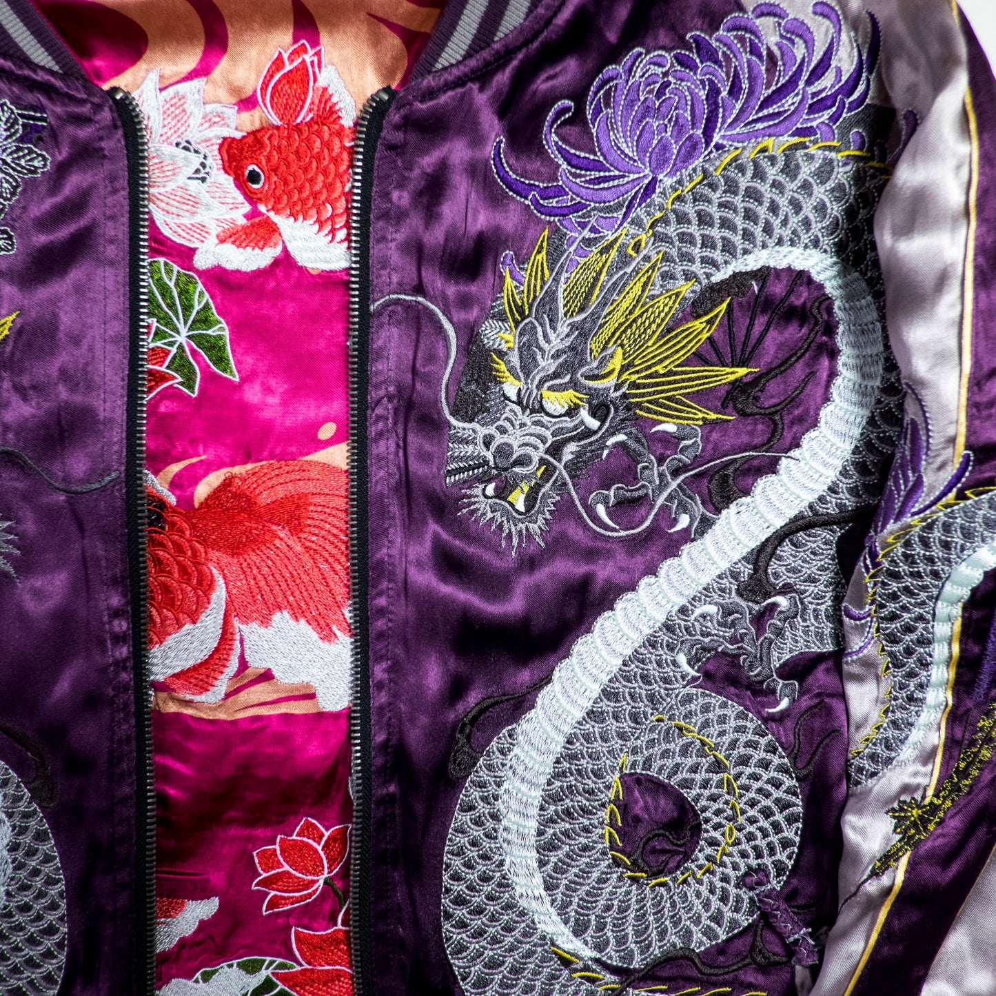 Miyabi Musubi Reversible Sukajan Jacket L-XL Goldfish Lotus Dragon Embroidered Japanese Yokosuka Bomber