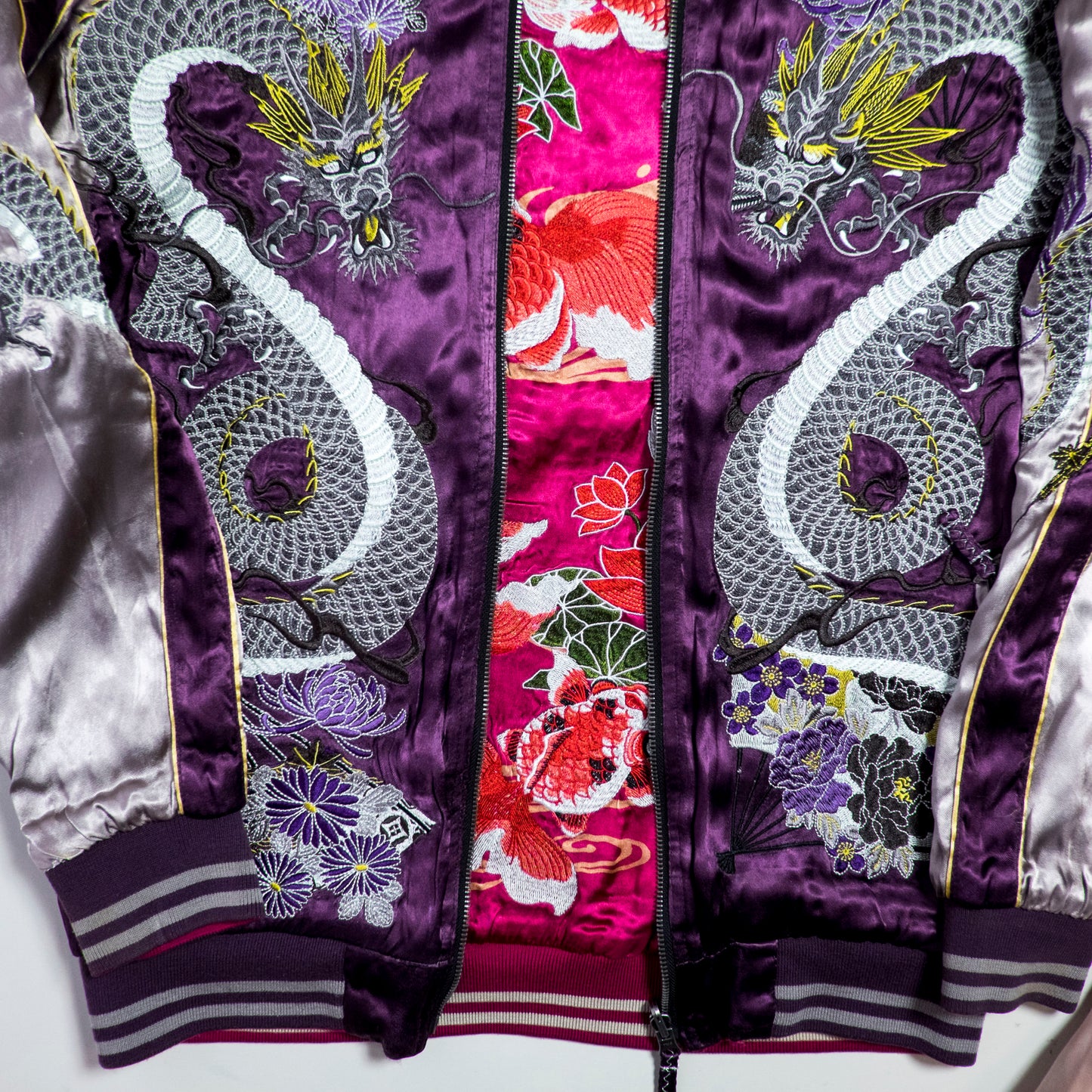 Miyabi Musubi Reversible Sukajan Jacket L-XL Goldfish Lotus Dragon Embroidered Japanese Yokosuka Bomber