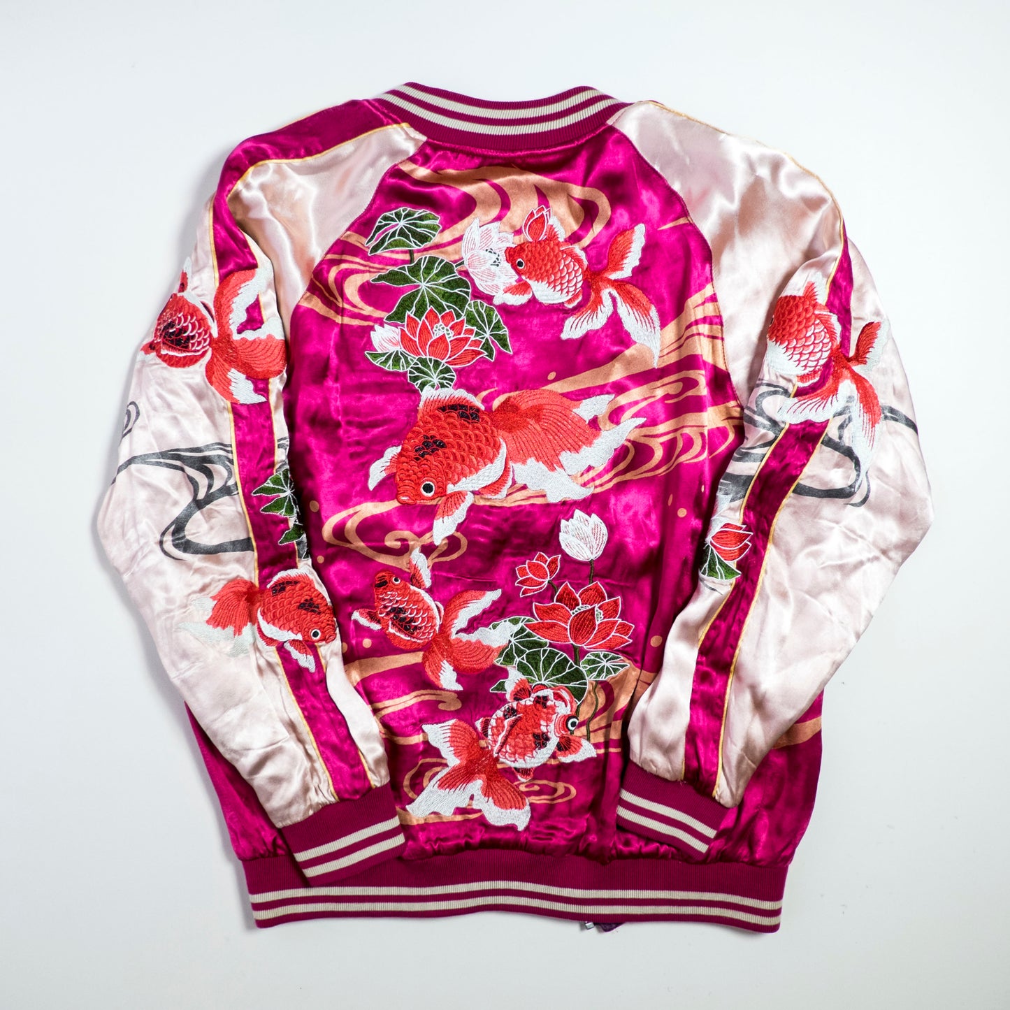Miyabi Musubi Reversible Sukajan Jacket L-XL Goldfish Lotus Dragon Embroidered Japanese Yokosuka Bomber