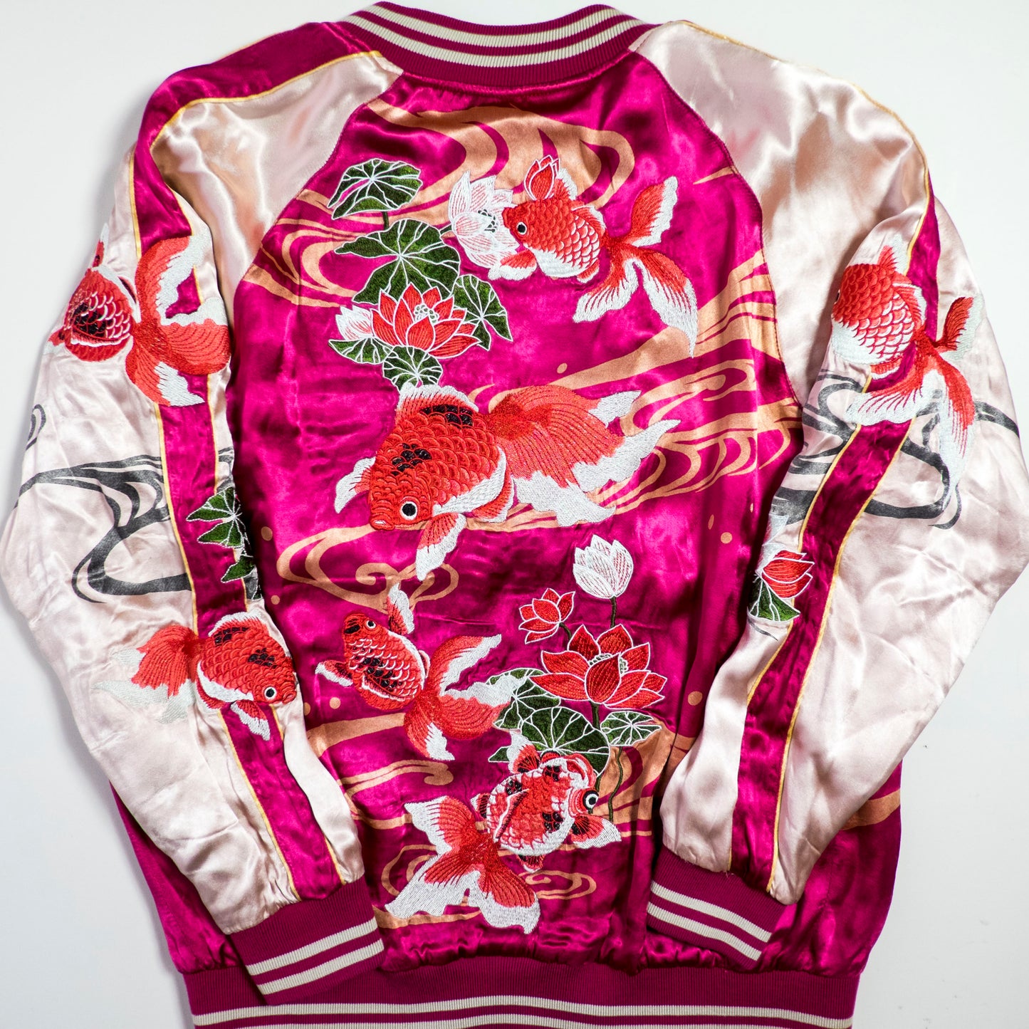 Miyabi Musubi Reversible Sukajan Jacket L-XL Goldfish Lotus Dragon Embroidered Japanese Yokosuka Bomber