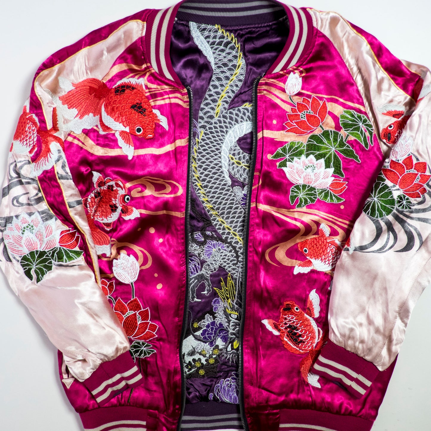 Miyabi Musubi Reversible Sukajan Jacket L-XL Goldfish Lotus Dragon Embroidered Japanese Yokosuka Bomber