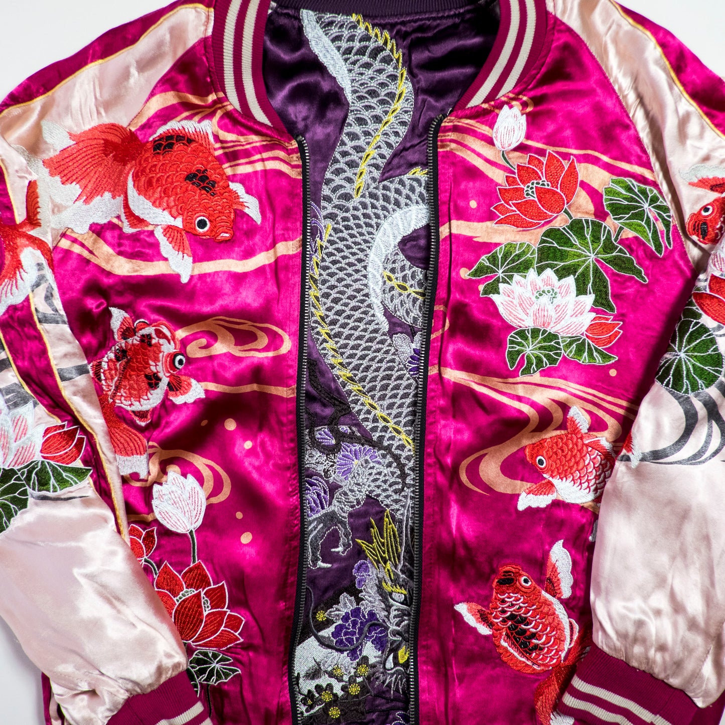 Miyabi Musubi Reversible Sukajan Jacket L-XL Goldfish Lotus Dragon Embroidered Japanese Yokosuka Bomber