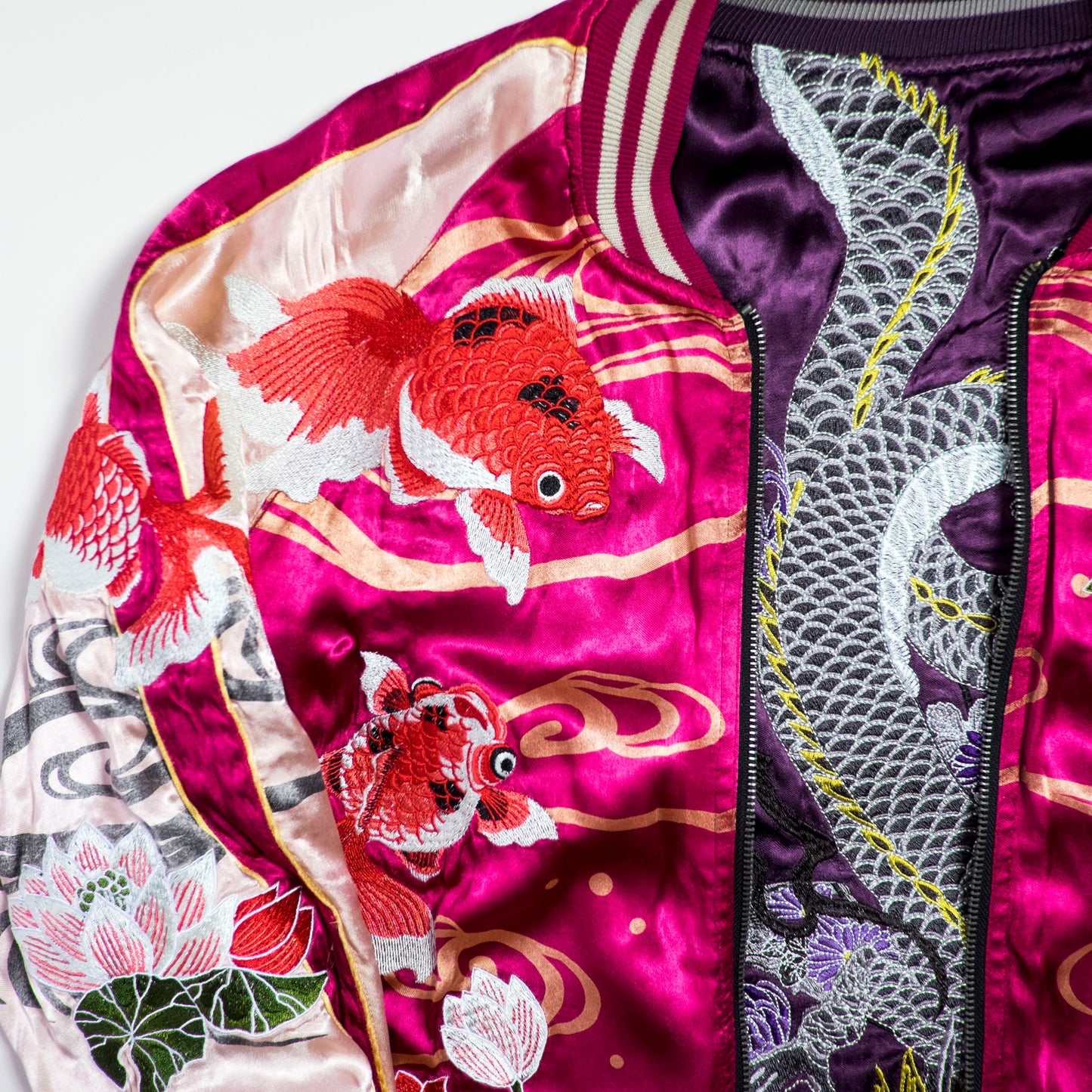 Miyabi Musubi Reversible Sukajan Jacket L-XL Goldfish Lotus Dragon Embroidered Japanese Yokosuka Bomber