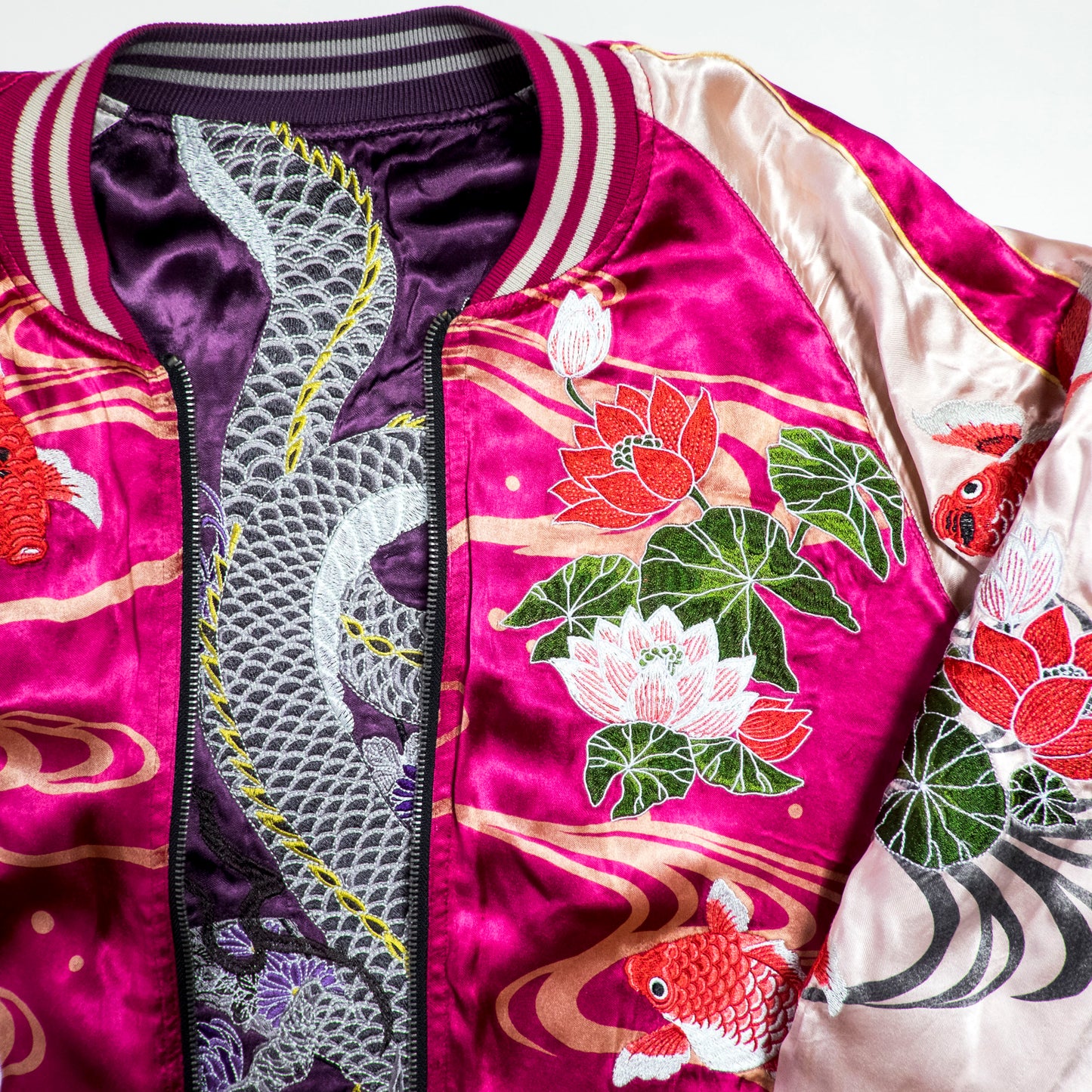 Miyabi Musubi Reversible Sukajan Jacket L-XL Goldfish Lotus Dragon Embroidered Japanese Yokosuka Bomber