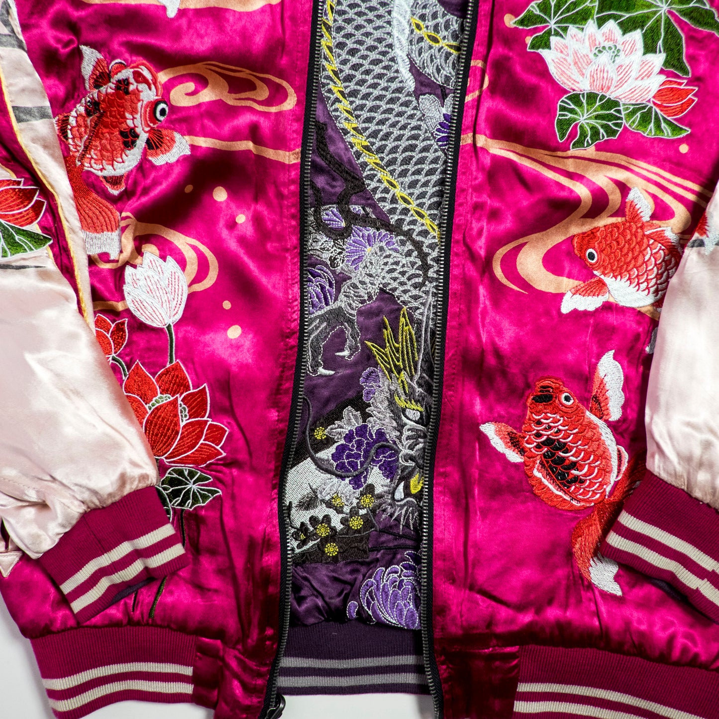 Miyabi Musubi Reversible Sukajan Jacket L-XL Goldfish Lotus Dragon Embroidered Japanese Yokosuka Bomber