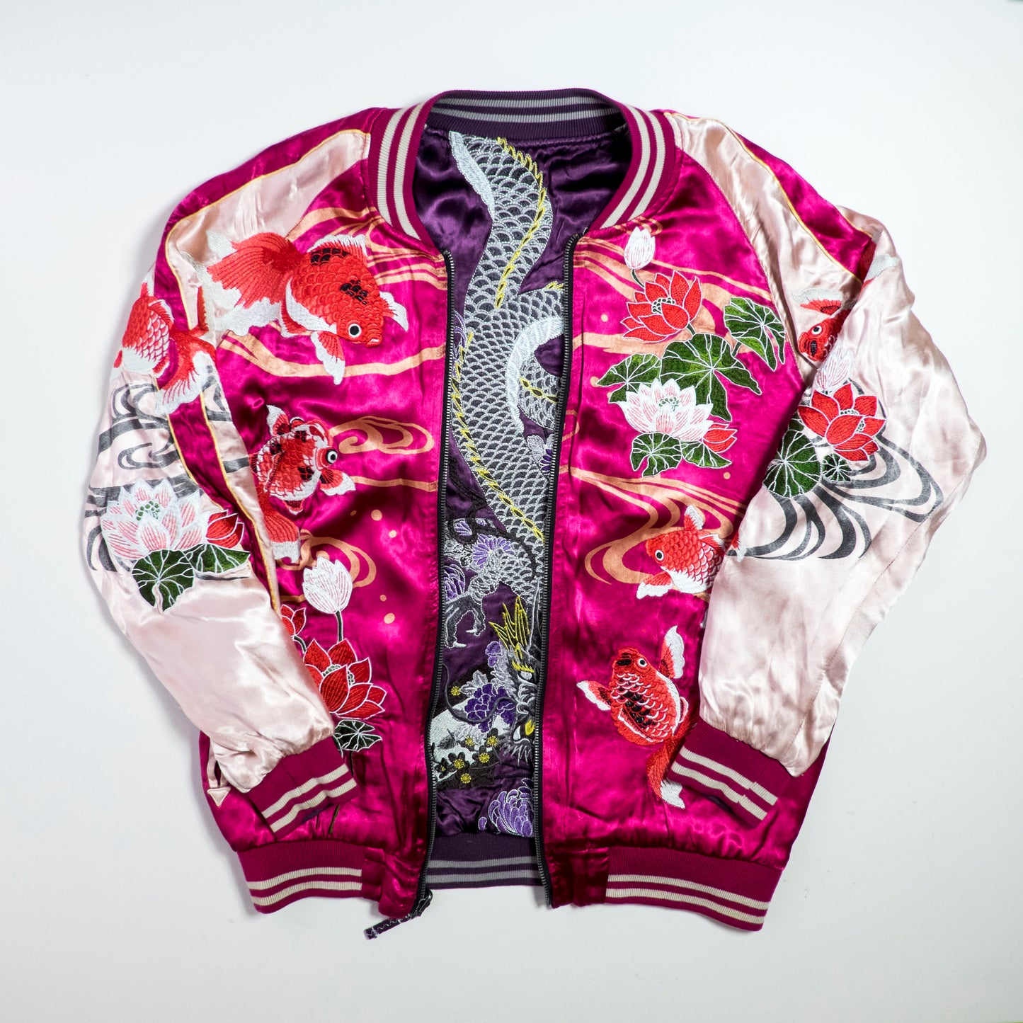 Miyabi Musubi Reversible Sukajan Jacket L-XL Goldfish Lotus Dragon Embroidered Japanese Yokosuka Bomber
