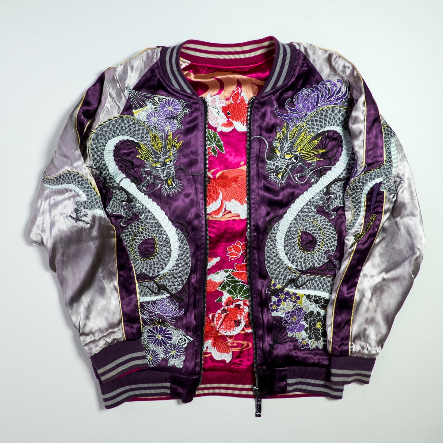 Miyabi Musubi Reversible Sukajan Jacket L-XL Goldfish Lotus Dragon Embroidered Japanese Yokosuka Bomber