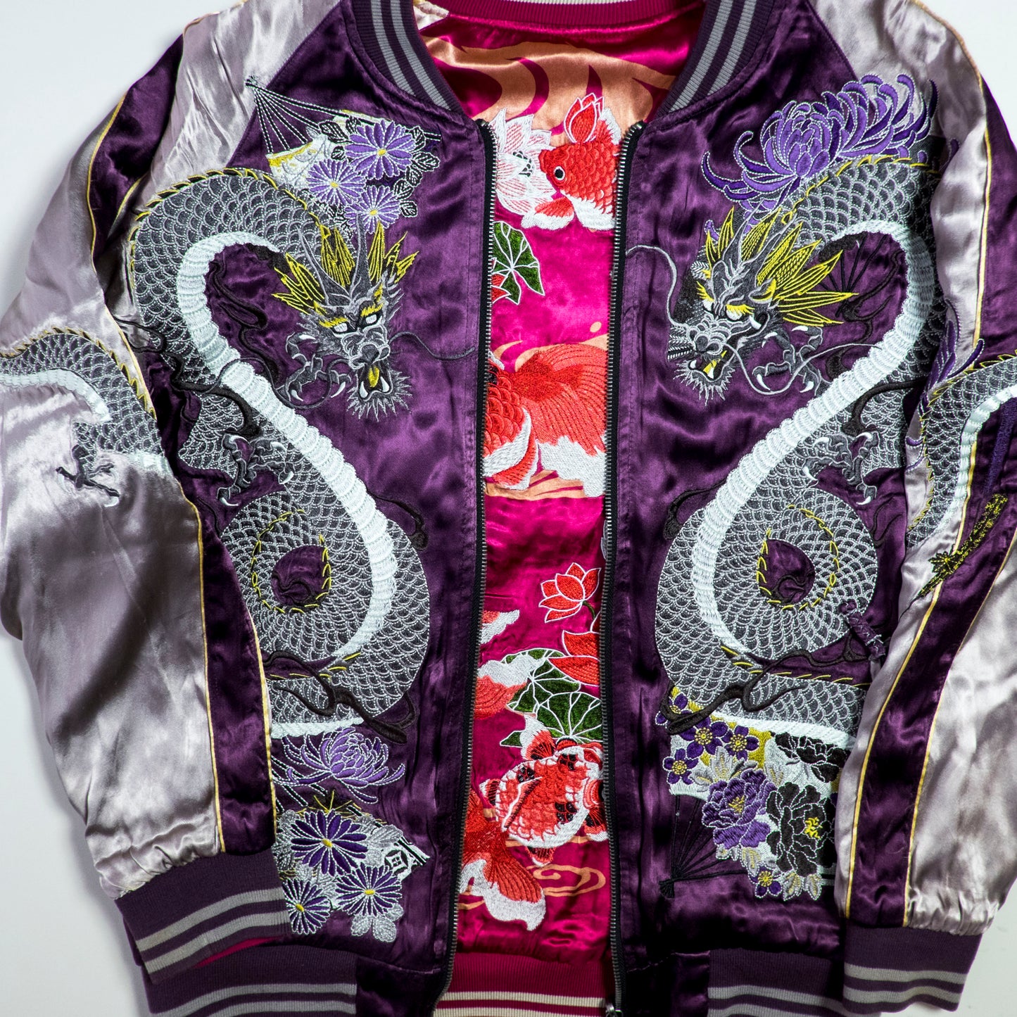 Miyabi Musubi Reversible Sukajan Jacket L-XL Goldfish Lotus Dragon Embroidered Japanese Yokosuka Bomber